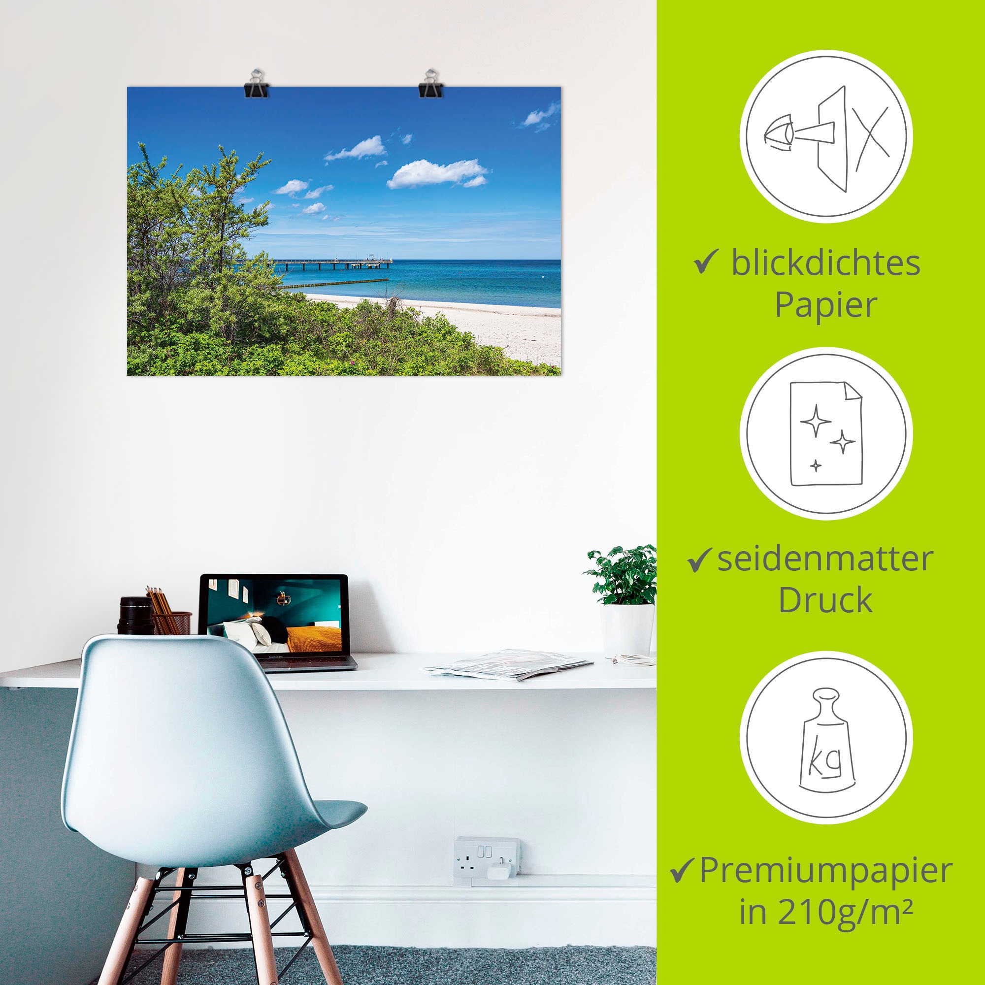 Artland Wandbild »Strand und Seebrücke an Ostseeküste«, Strandbilder, (1 St.), als Alubild, Leinwandbild, Wandaufkleber oder Poster in versch. Grössen