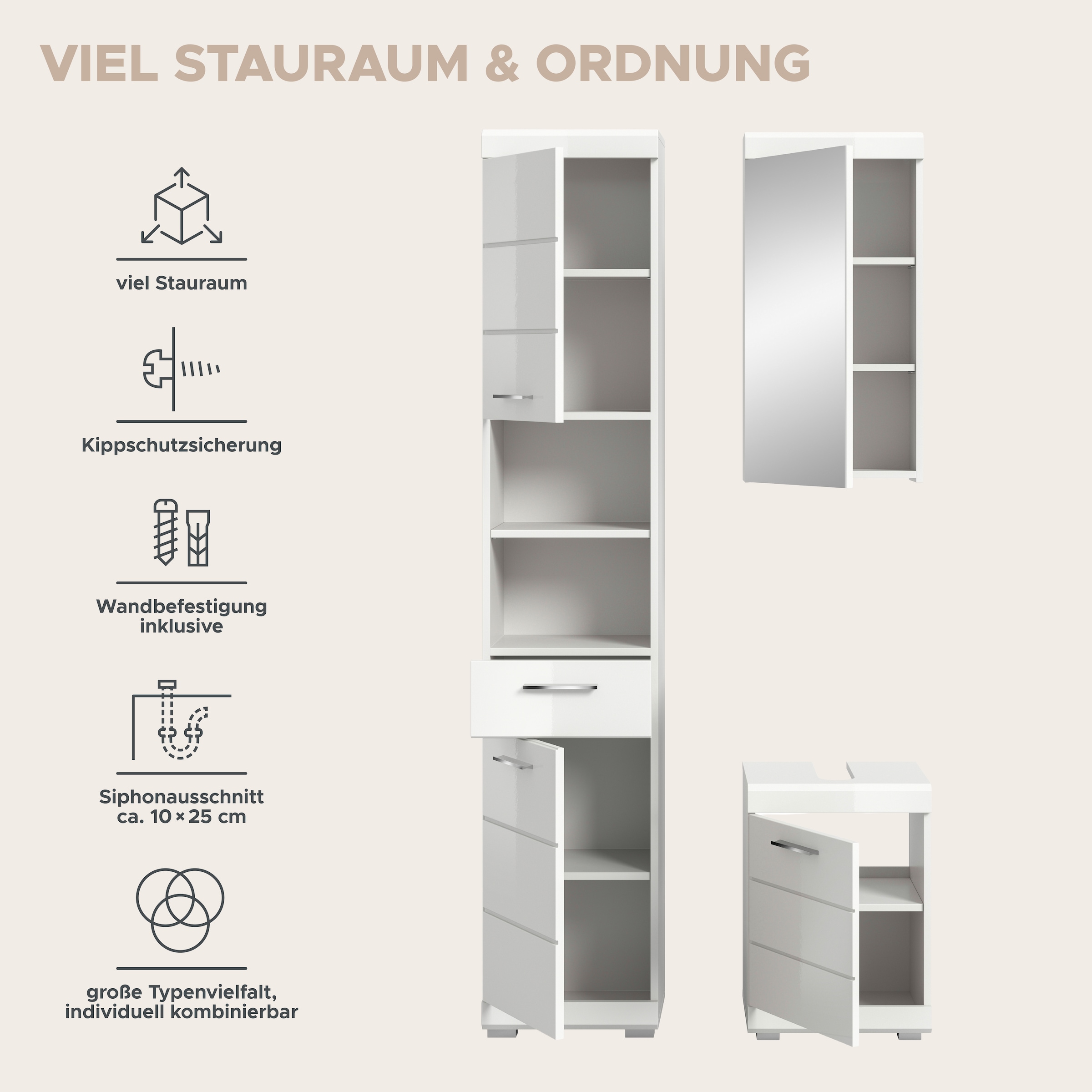 welltime Ensemble de meubles de salle de bain »SIENA, 3-tlg., Waschbeckenunterschrank, Spiegelschrank & Hochschrank«