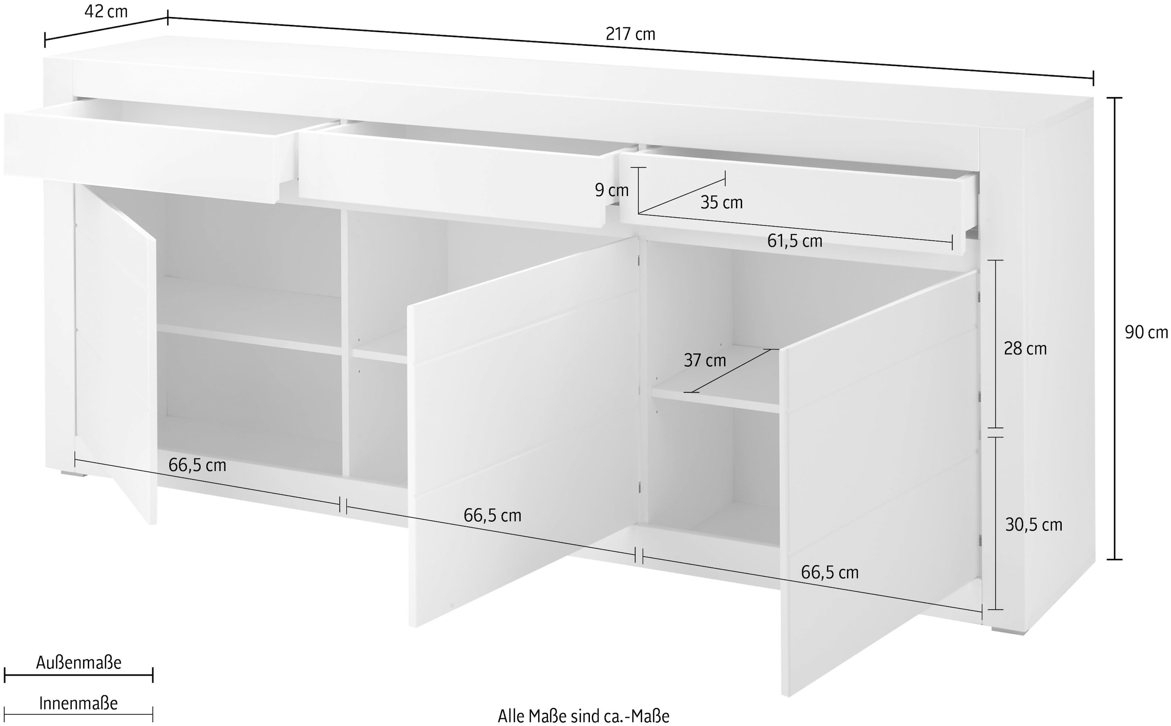 INOSIGN Sideboard »Chester, moderne Anrichte, Kommode mit Stauraum, Schrank, Weiss Matt«, (1 St.), austauschbare Blende in Griffleiste, zeitloses Design, 217 cm breit