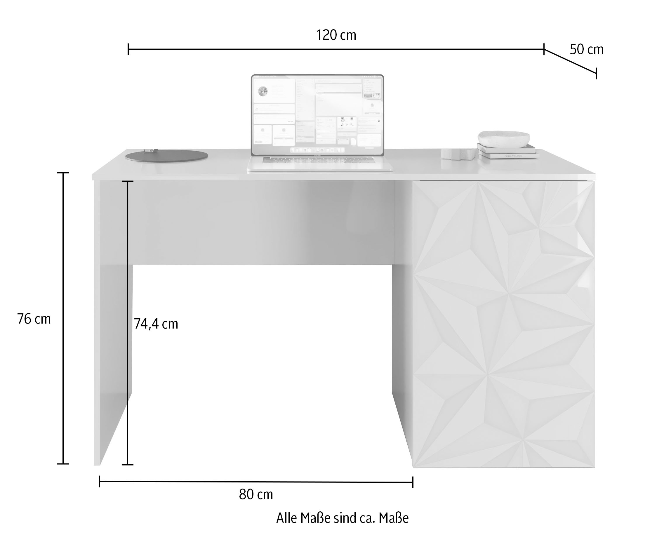 INOSIGN Schreibtisch »Prisma, Breite 120 cm, Tiefe 50 cm, mit Stauraum (1 Tür - 2 Fächer),« Computertisch, Arbeitstisch, Schminktisch, Tür mit Siebdruck