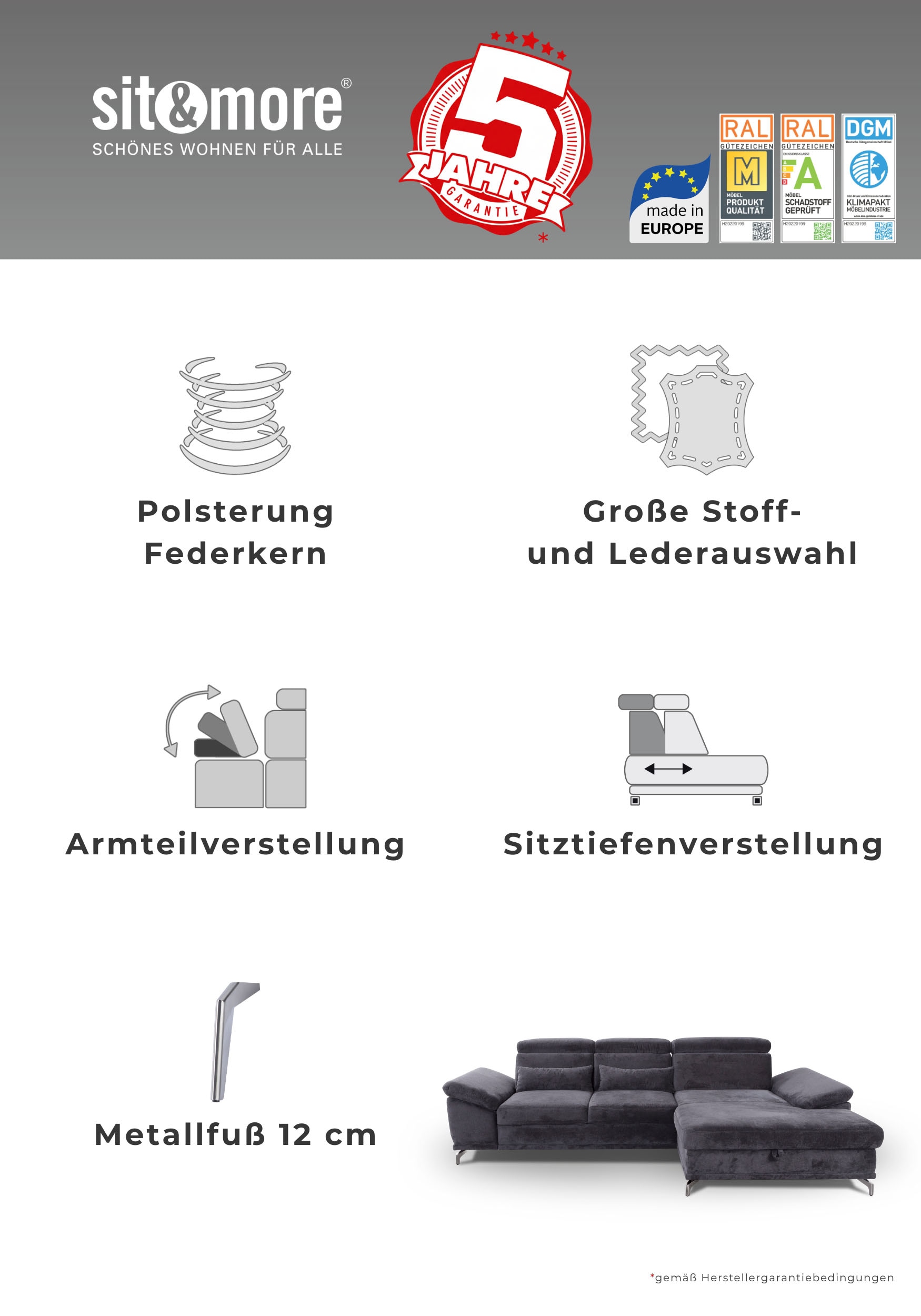 sit&more Canapé d'angle »Cabrio L-Form, B: 295 cm, mit Sitztiefen-, Arm- & Kopfteilverstellung« 2 coussins lombaires, ressorts ensachés, fonction couchage et rangement en option