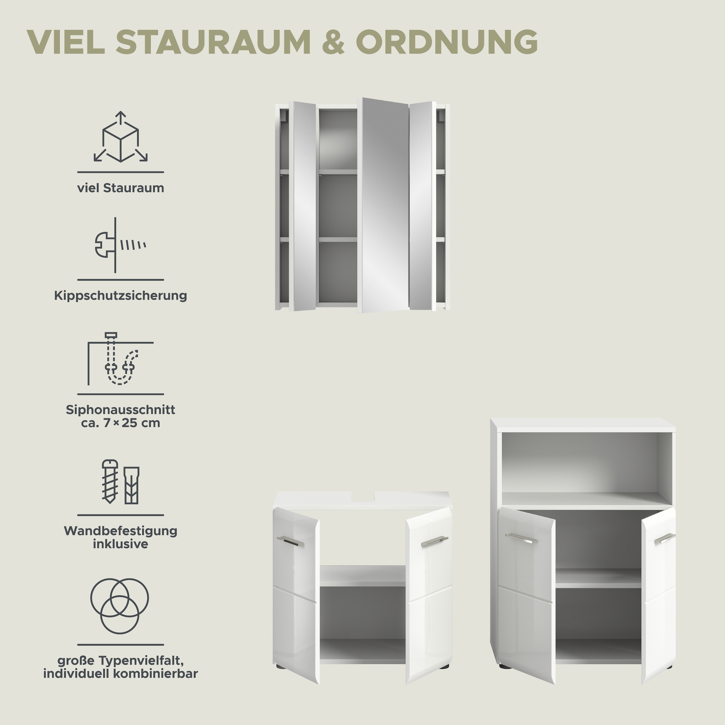 INOSIGN Badmöbel-Set »FLORENZ, TOPSELLER!, 3-teilige Badkombination, hochwertige MDF-Front« Set, best. aus: Waschbeckenunterschrank, Spiegelschrank, Midischrank breit, 