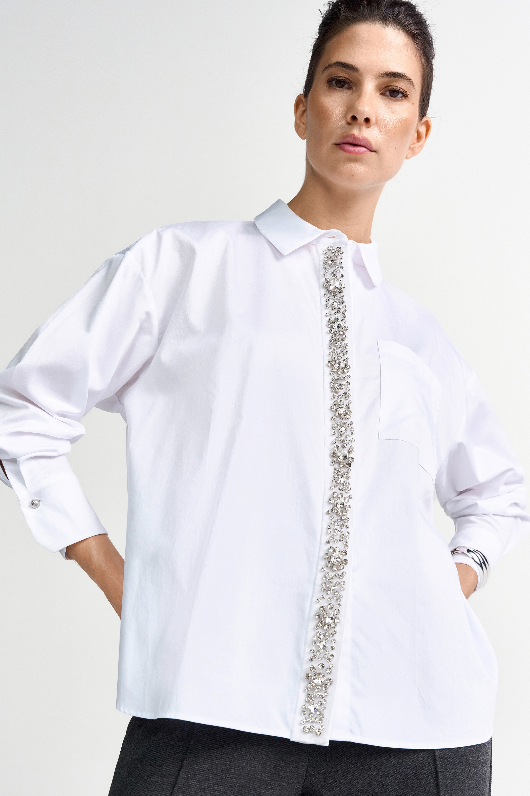 Image of RICHROYAL Langarmbluse mit Strassknopfleiste, oversized