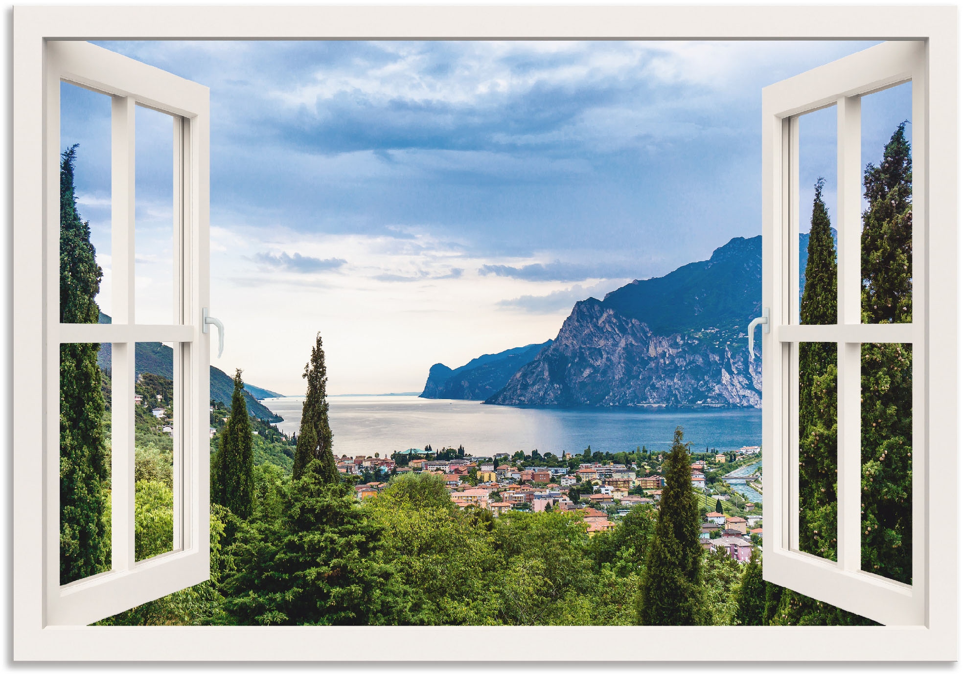 Image of Artland Wandbild "Gardasee durchs weisse Fenster" Seebilder 1 Stk. tlg. als Alubild, Leinwandbild, Poster in verschied. Grössen