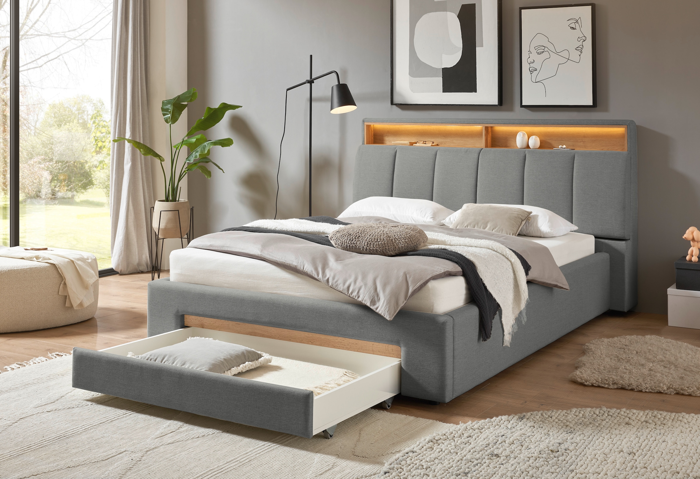 INOSIGN Lit rembourré »CiTY/GiRON,, gepolstertes Stauraumbett, mit LED Beleuchtung« Bettkasten mit Hundebett oder als Stauraum, klappbare Kopfteile