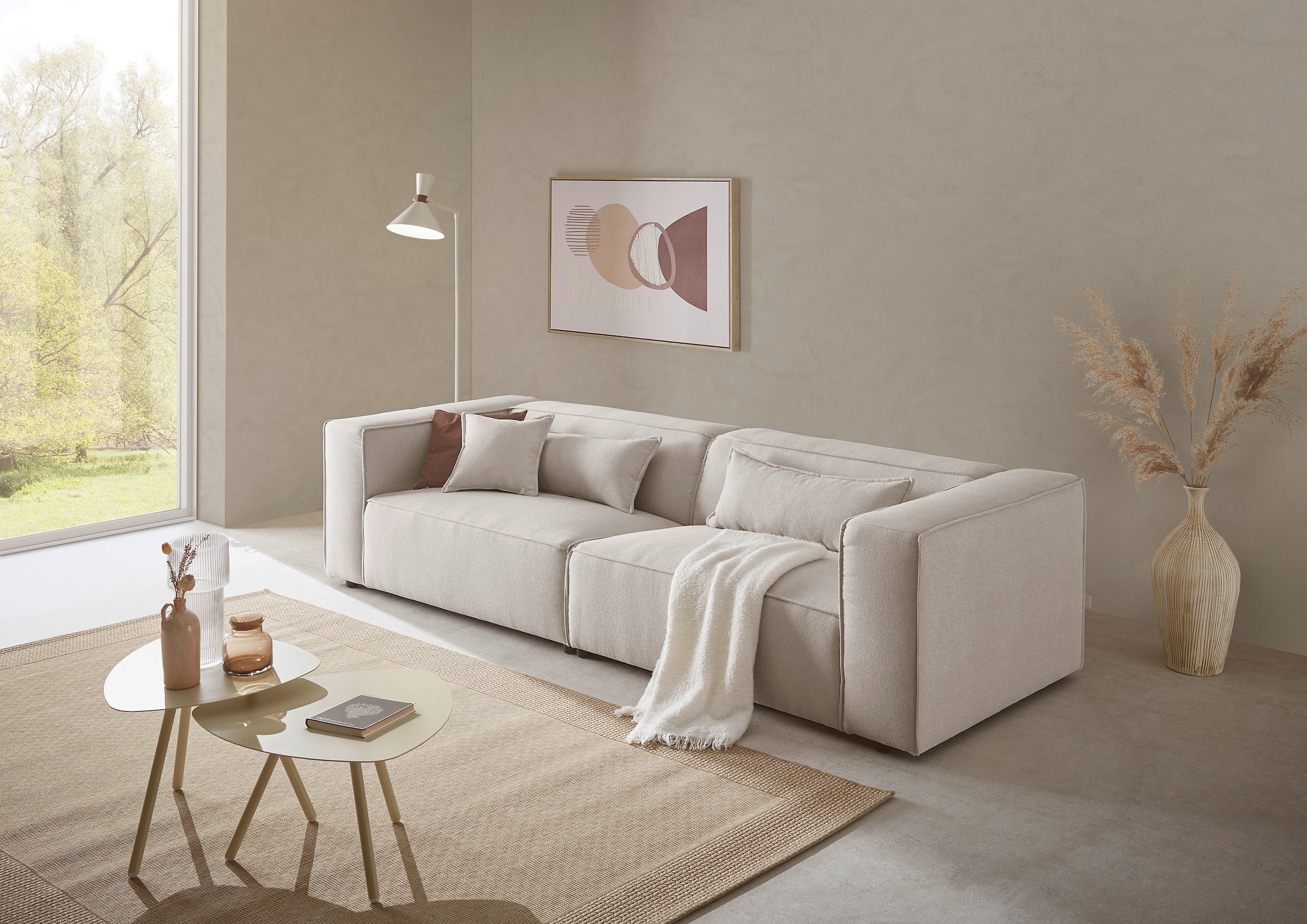 LeGer Home by Lena Gercke 3-Sitzer »PIARA, Couch mit Kedernaht, Sofa in Cord, Leinenoptik o. Strukturstoff«, schwarze Füsse, bequemer Sitzkomfort