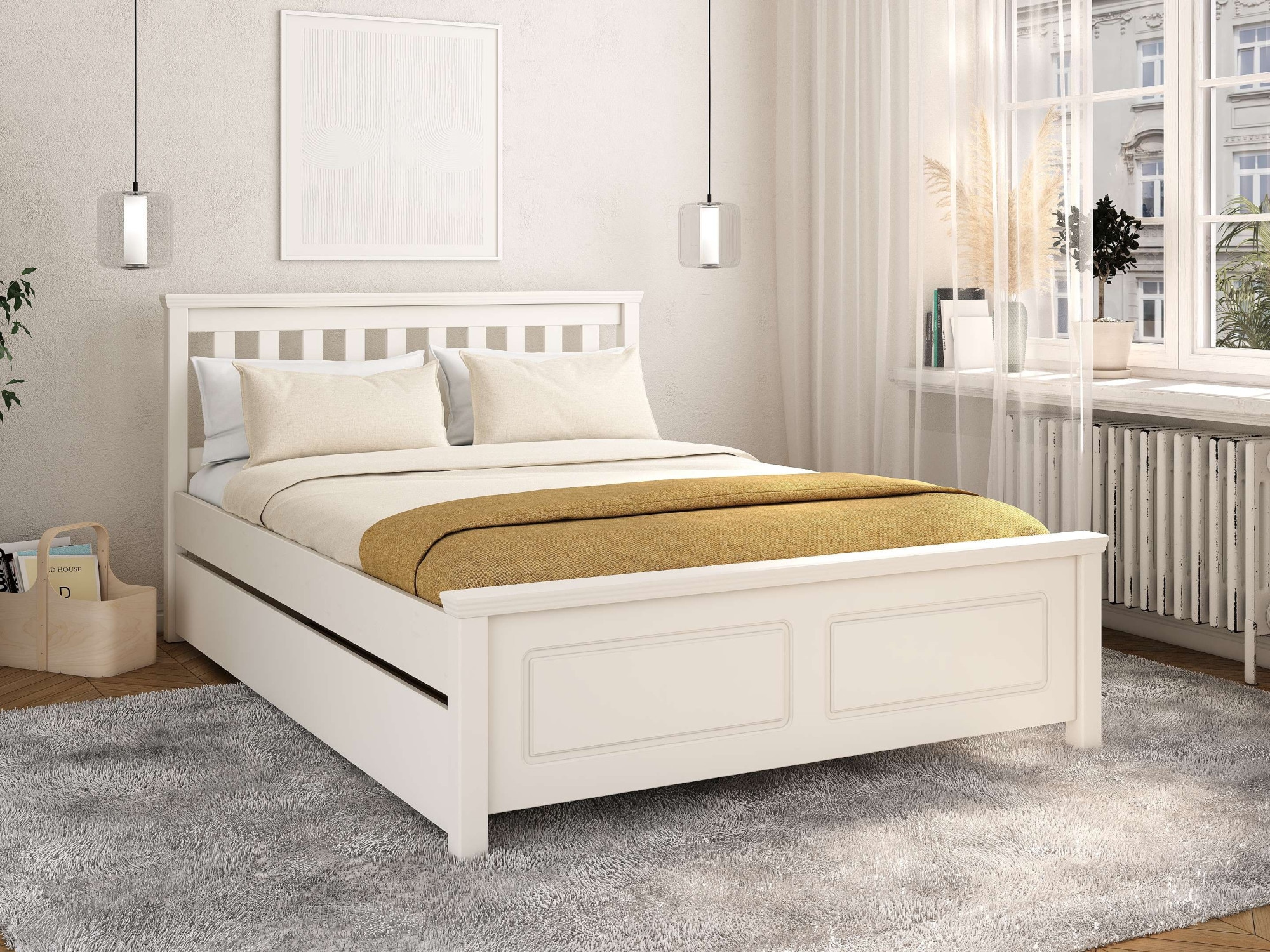 GOODproduct Bett »Fredegard, skandinavischer Stil, vielseitig kombinierbar, 2 Breiten« 180er oder 140er Breite,  teilmassiv, Sprossen am Kopfteil, mit Lattenrost, Kassettenoptik