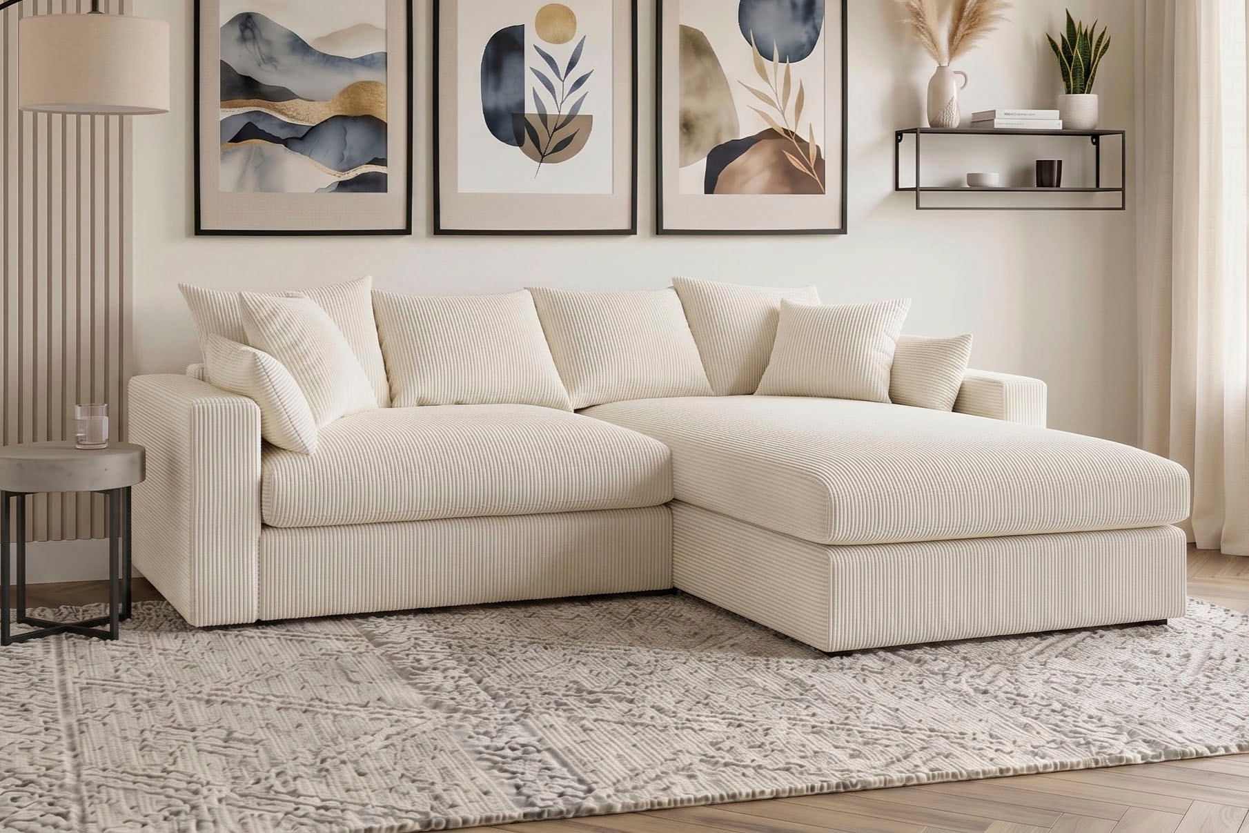GOODproduct Canapé d'angle »Cosy Lounge L-Form, Breite 268 cm« méga canapé recouvert de velours côtelé, avec ressorts et 5 coussins décoratifs
