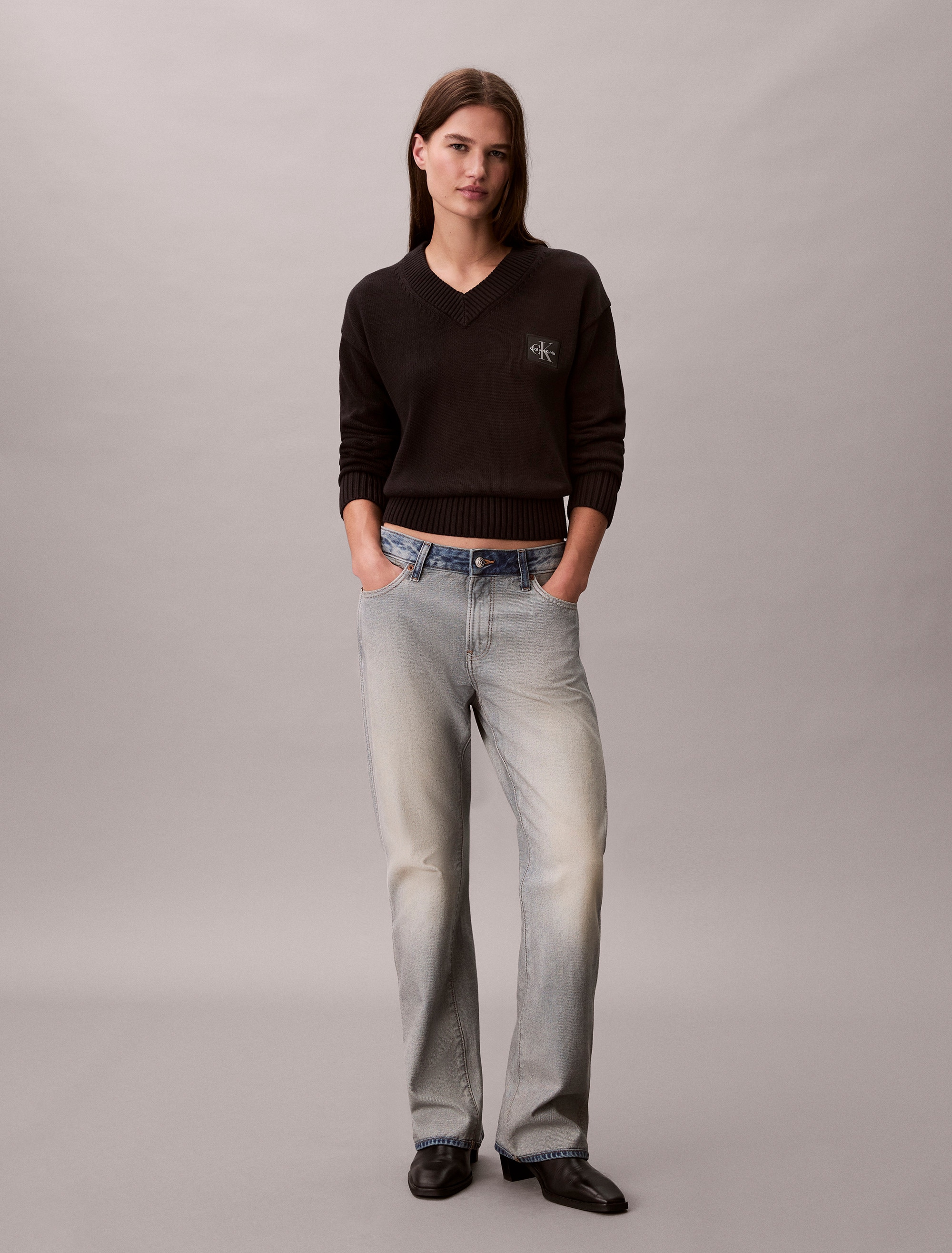 Calvin Klein Jeans Pull col V Feinstrick, taillenlang