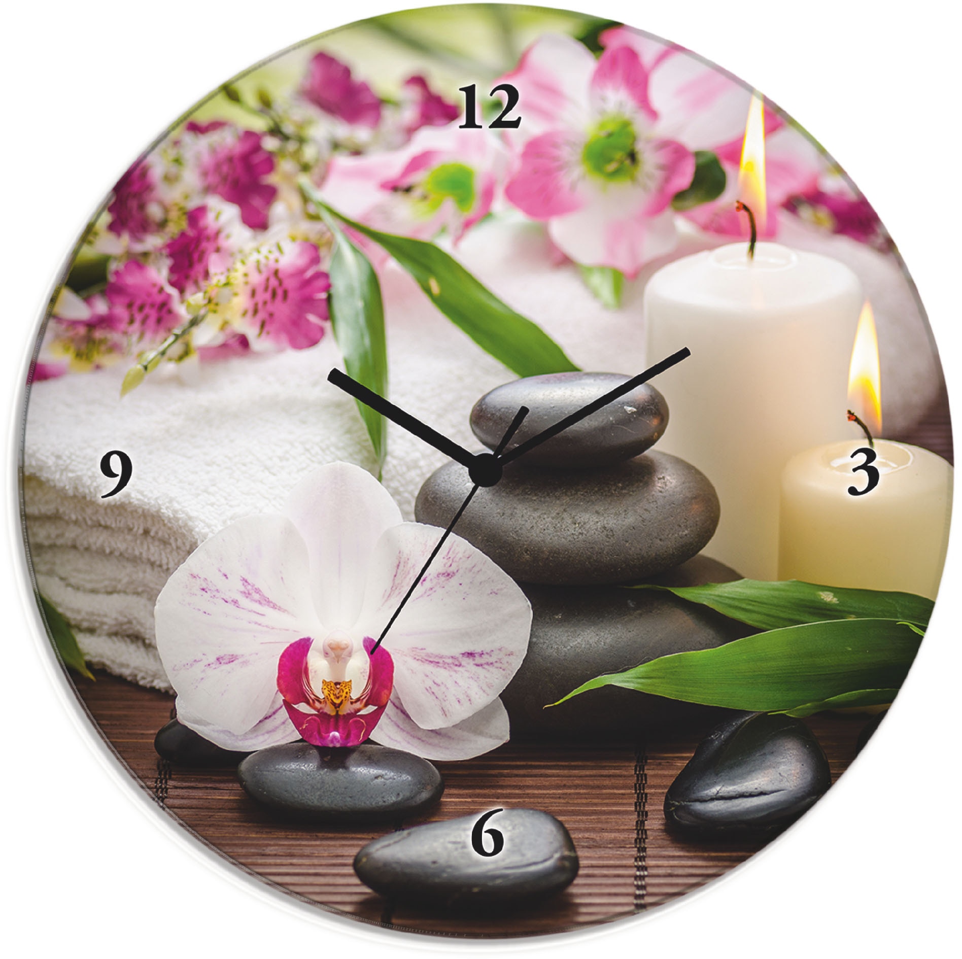 Image of Artland Wanduhr "Glasuhr rund Spa Orchideen Bambus Kerze" wahlweise mit Quarz- oder Funkuhrwerk, lautlos ohne Tickgeräusche