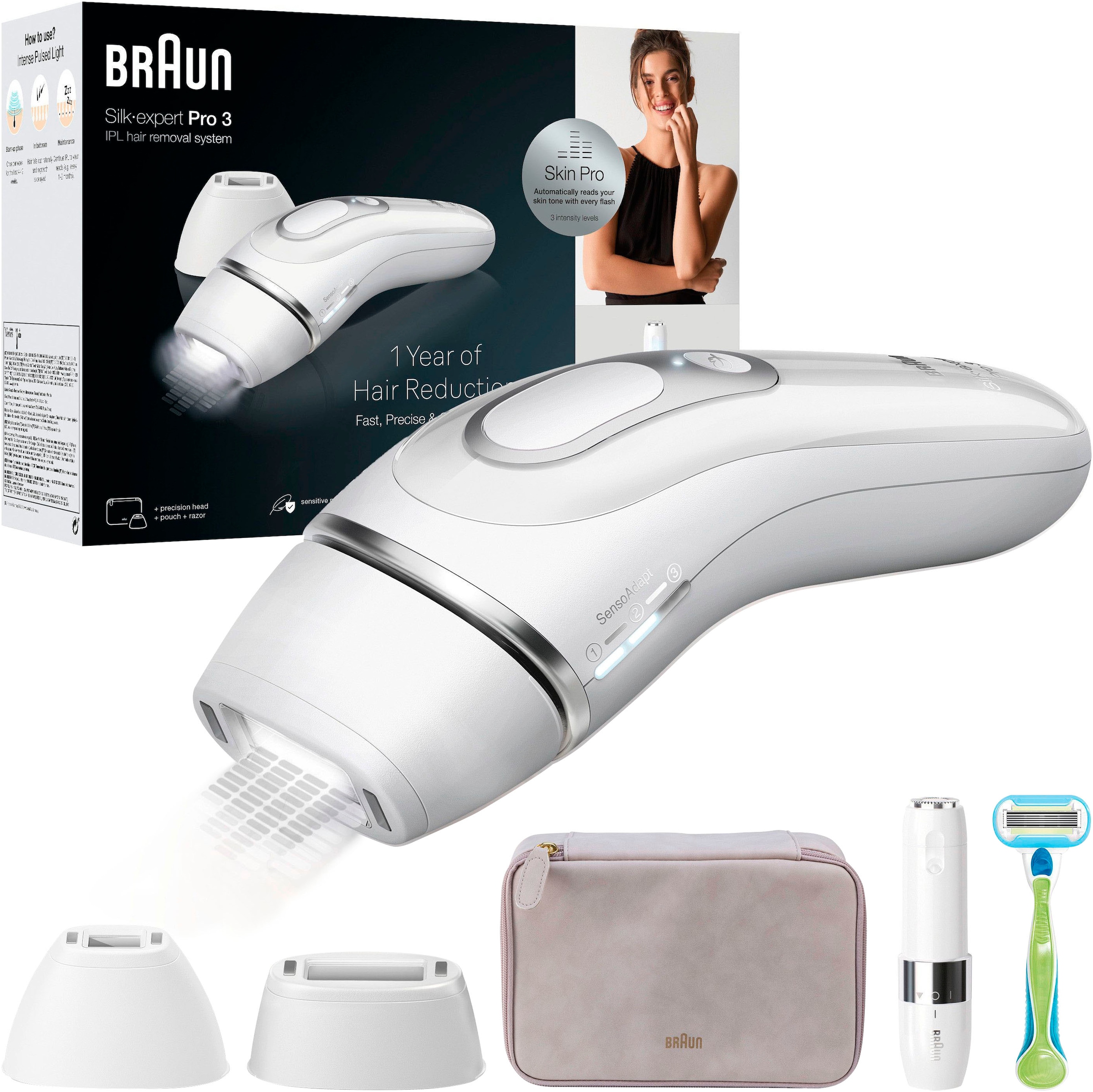 Braun IPL-Haarentferner »Silk·expert Pro 3 PL3136«, pro Minute bis zu 100 Lichtimpulse, 2 Aufsätze, Venus Rasierer, mit Aufbewahrungstasche