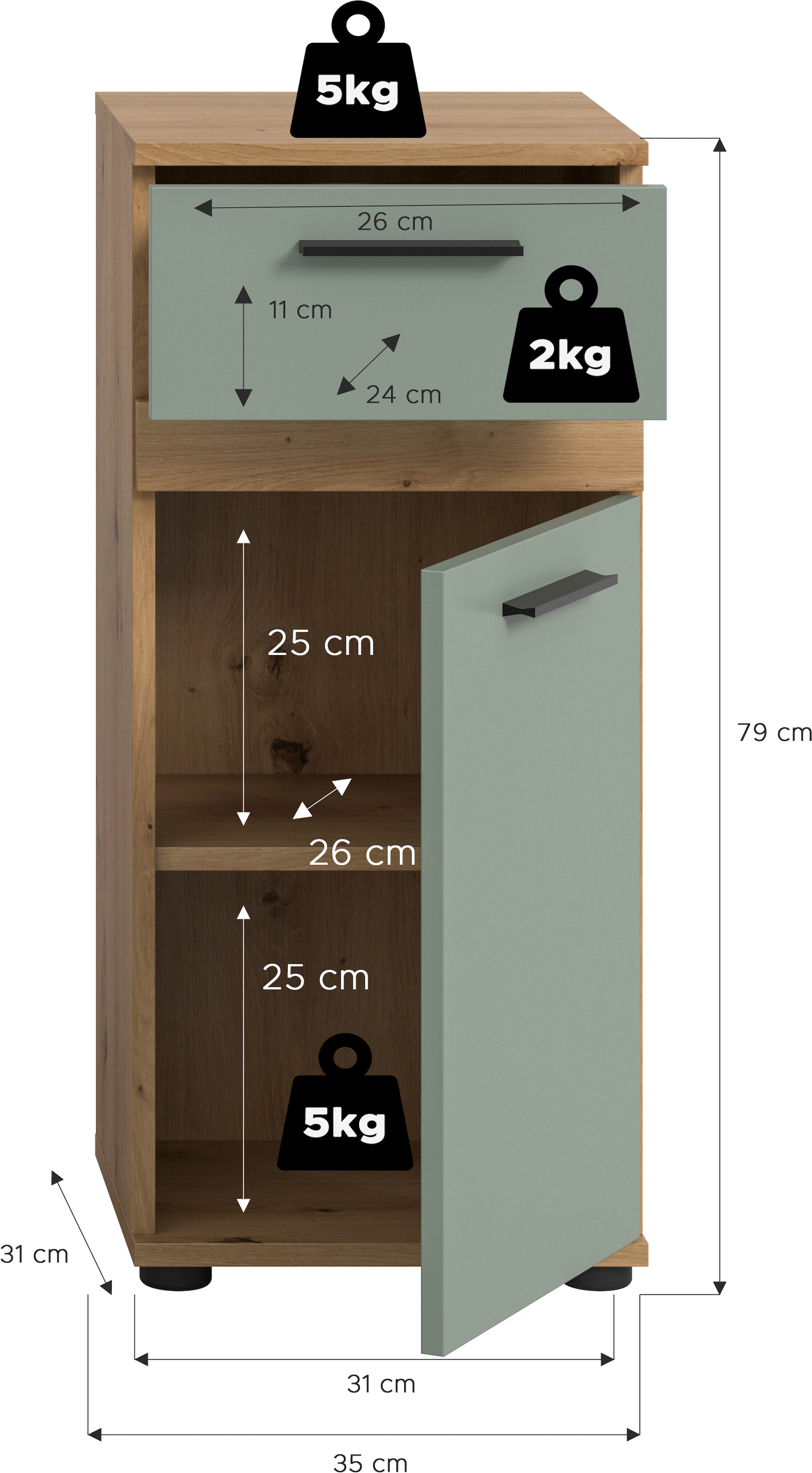 welltime Unterschrank »LUCCA, Breite 35cm, 1 Tür (TA wechselbar), 1 Schubkasten«
