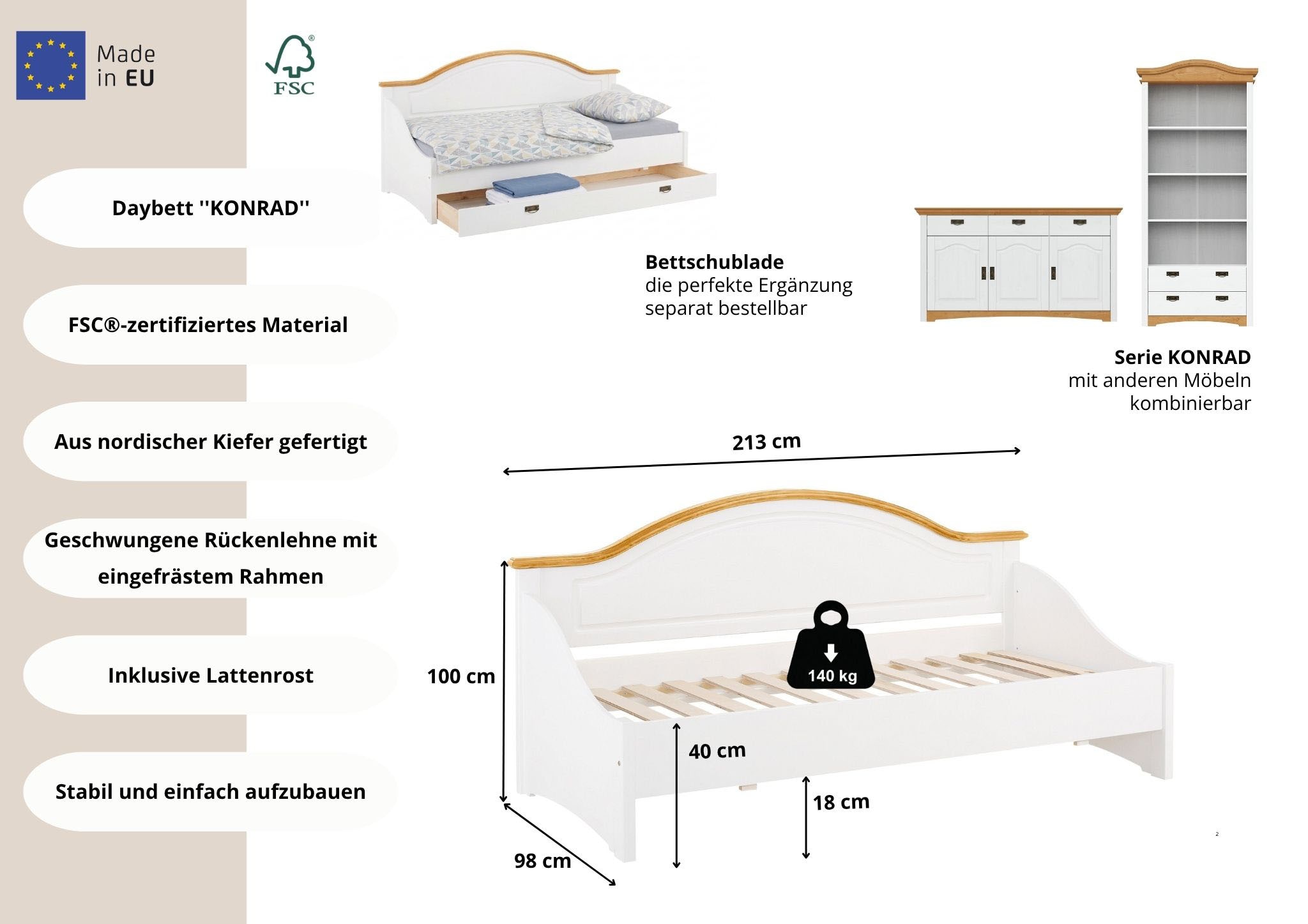GOODproduct Daybett »Konrad« stabile Konstruktion aus massiver Kiefer, mit Rollrost