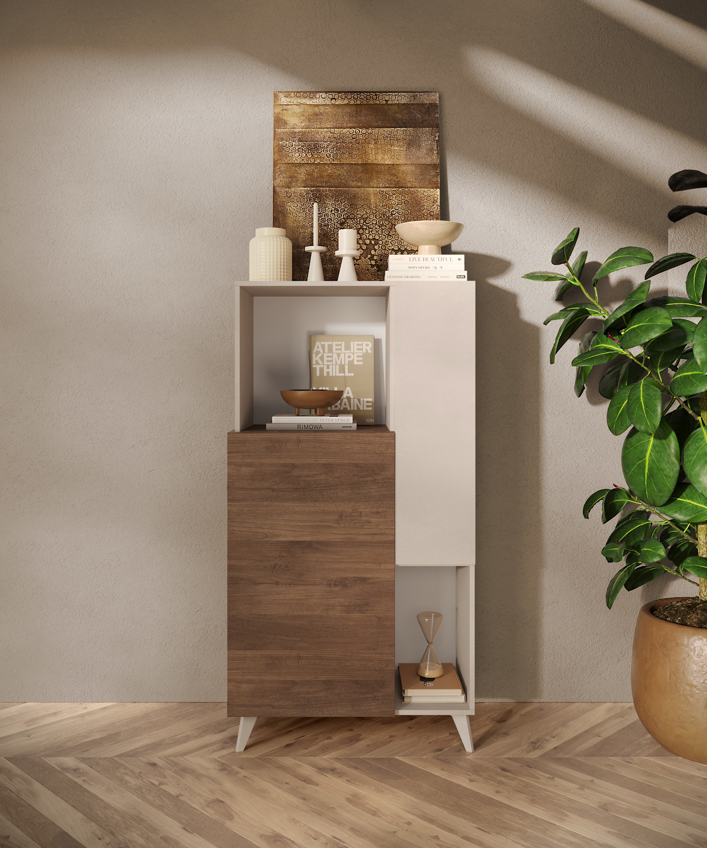Home affaire Highboard "Monaco Höhe 154 cm, Stauraumschrank mit 2 Türen (4 Fächer) und 2 offen" Hohe, schmale Kommode – sanftes Schließen, edles Design, viel Platz