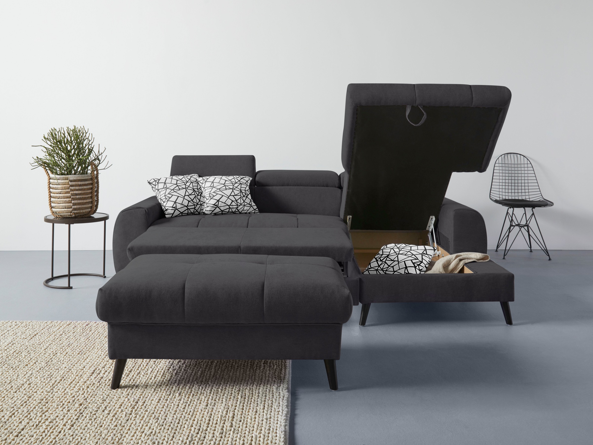 COTTA Ecksofa »Mia L-Form mit 3 Zierkissen«, wahlweise mit Bettfunktion, Bettkasten, Beleuchtung & Wireless-Charger