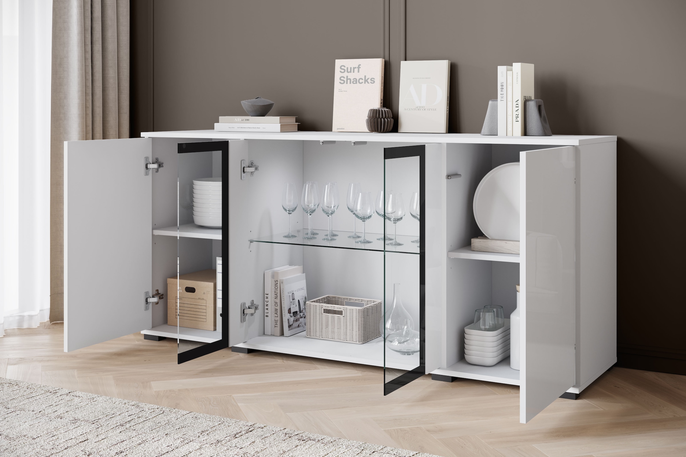 Home affaire Buffet »Caro, modernes Design mit Glaseinsätzen, Breite 150 cm« 1 cuis tlg. façades sans poignées avec push-to-open, étagères réglables en hauteur,
