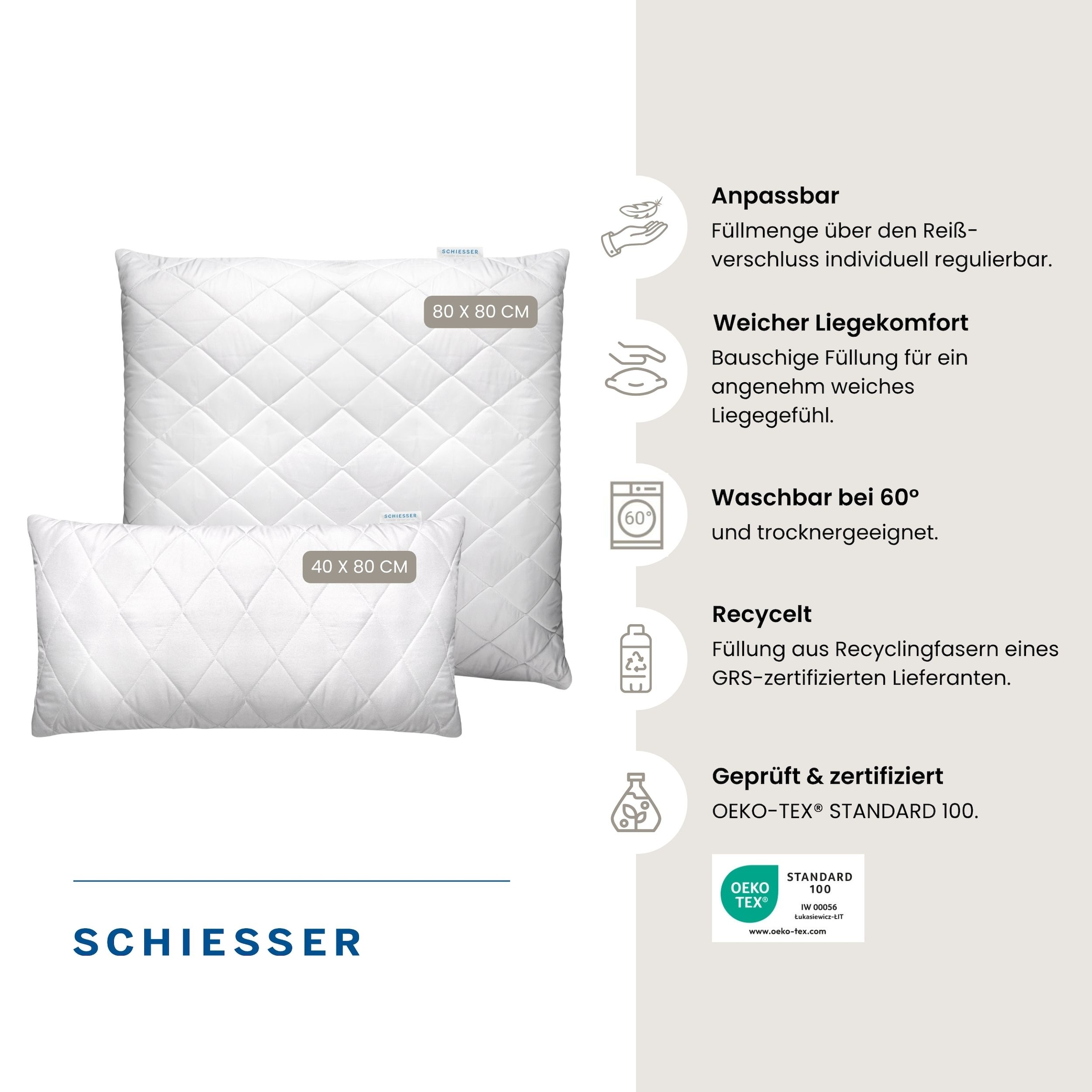 Schiesser Kopfkissen »Hygge mit recycelter Füllung und individueller Höhenanpassung« Füllung: pflegeleichte Faserfüllung Spar-Set, 1 Stk. tlg. für Allergiker geeignet