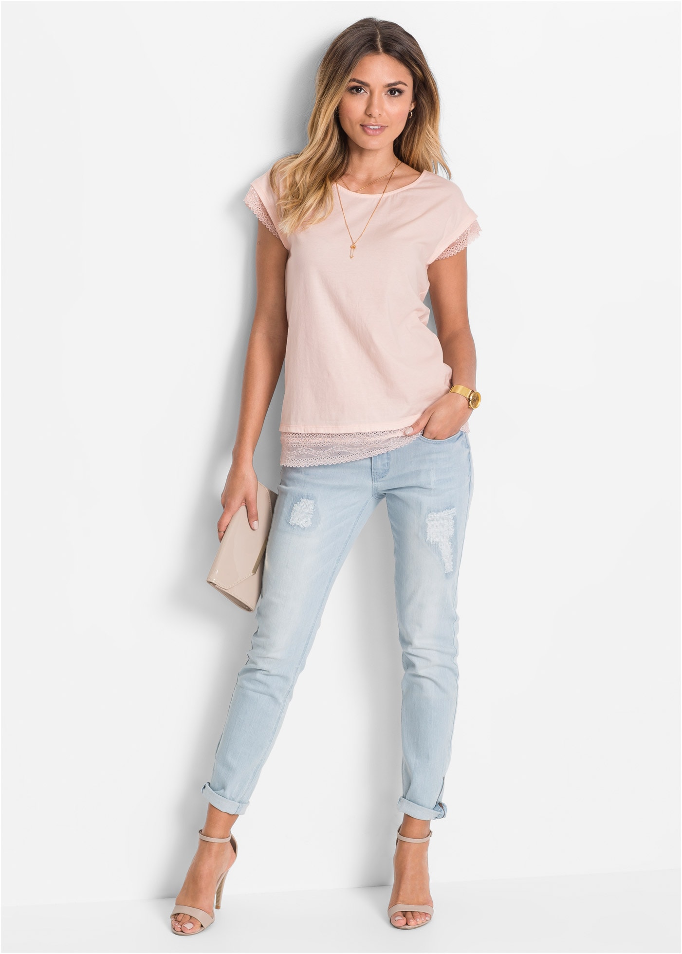 bonprix T-shirt bequeme Passform, überschnittene Schultern, mit Spitzendetails