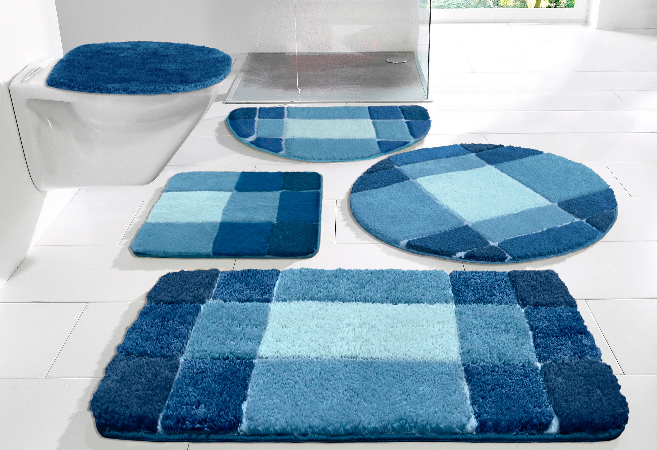 Image of GOODproduct Badematte "Pia, Badvorleger, Badezimmer Teppich" Höhe 20 mm rutschhemmend beschichtet fussbodenheizungsgeeignet schnell trocknend strapazierfähig Badteppich, karierte Badematten, rechteckig, rund & als 3-tlg. Set