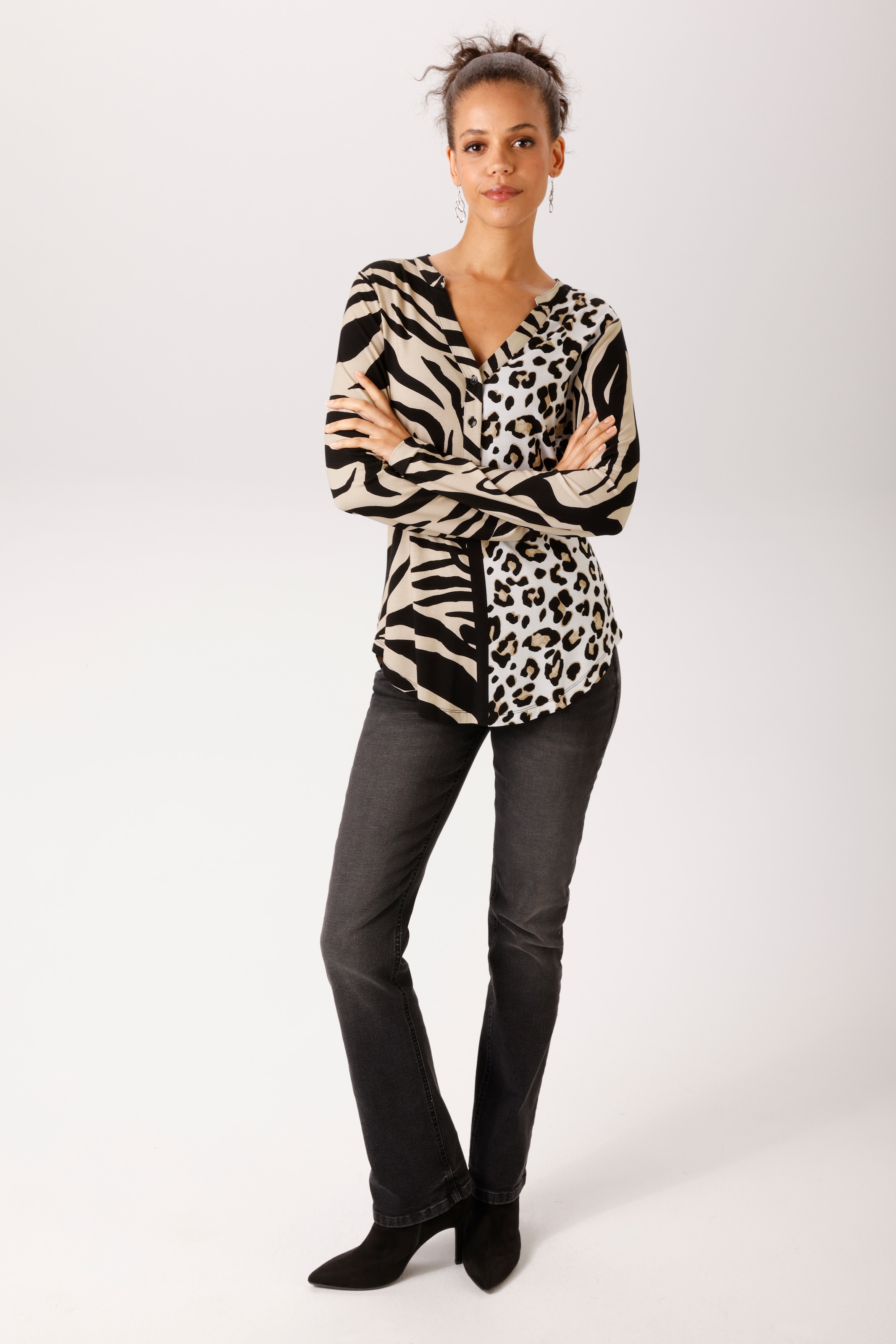Aniston CASUAL Blouse à enfiler imprimé zèbre avec insert léopard - NOUVELLE COLLECTION