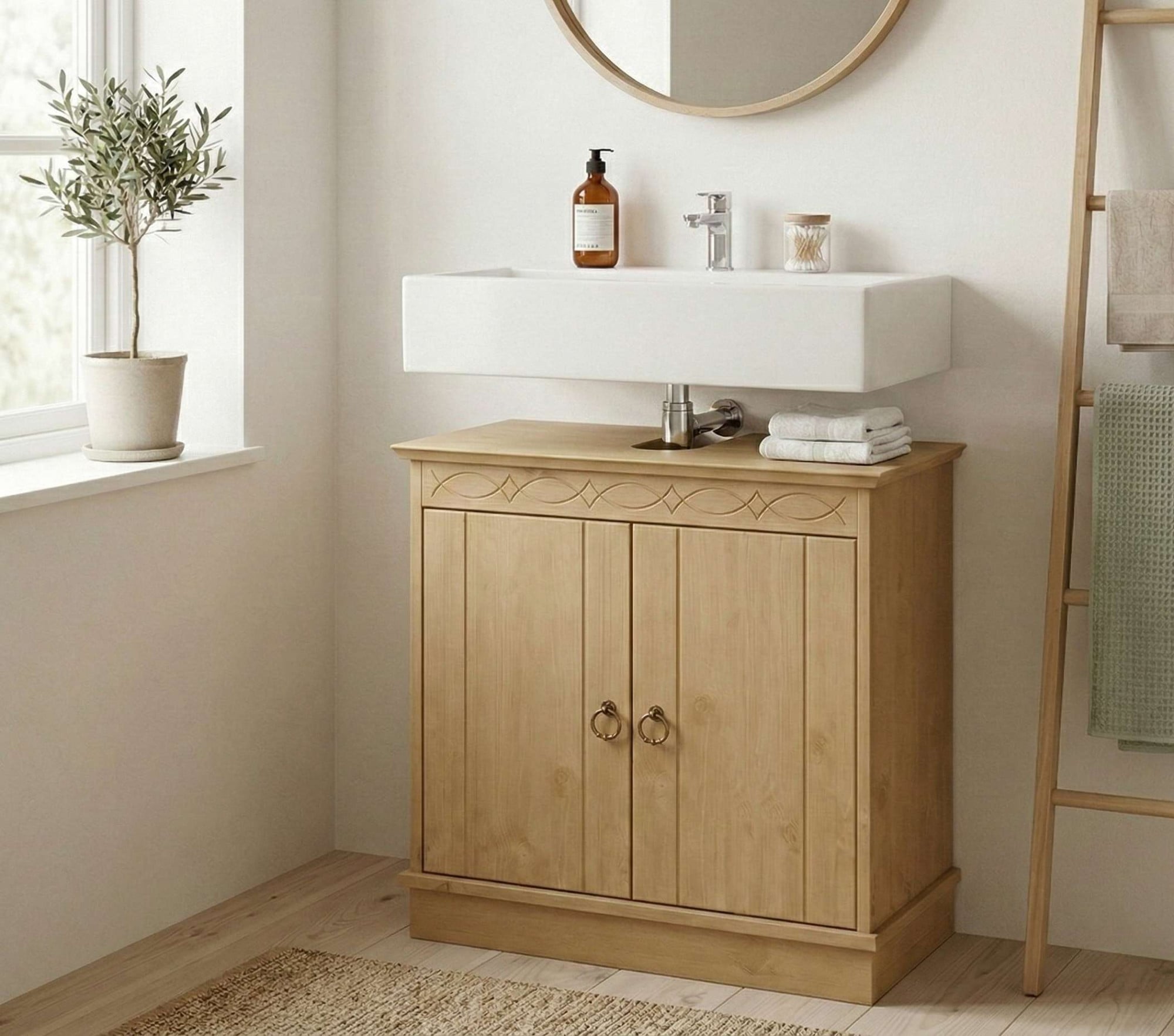 GOODproduct Waschbeckenunterschrank »Indra, Badschrank, Badmöbel, Badezimmerschrank« B/T/H: 64/32/66 cm,  aus massiver Kiefer, 2 Türen,  FSC®-zertifiziert