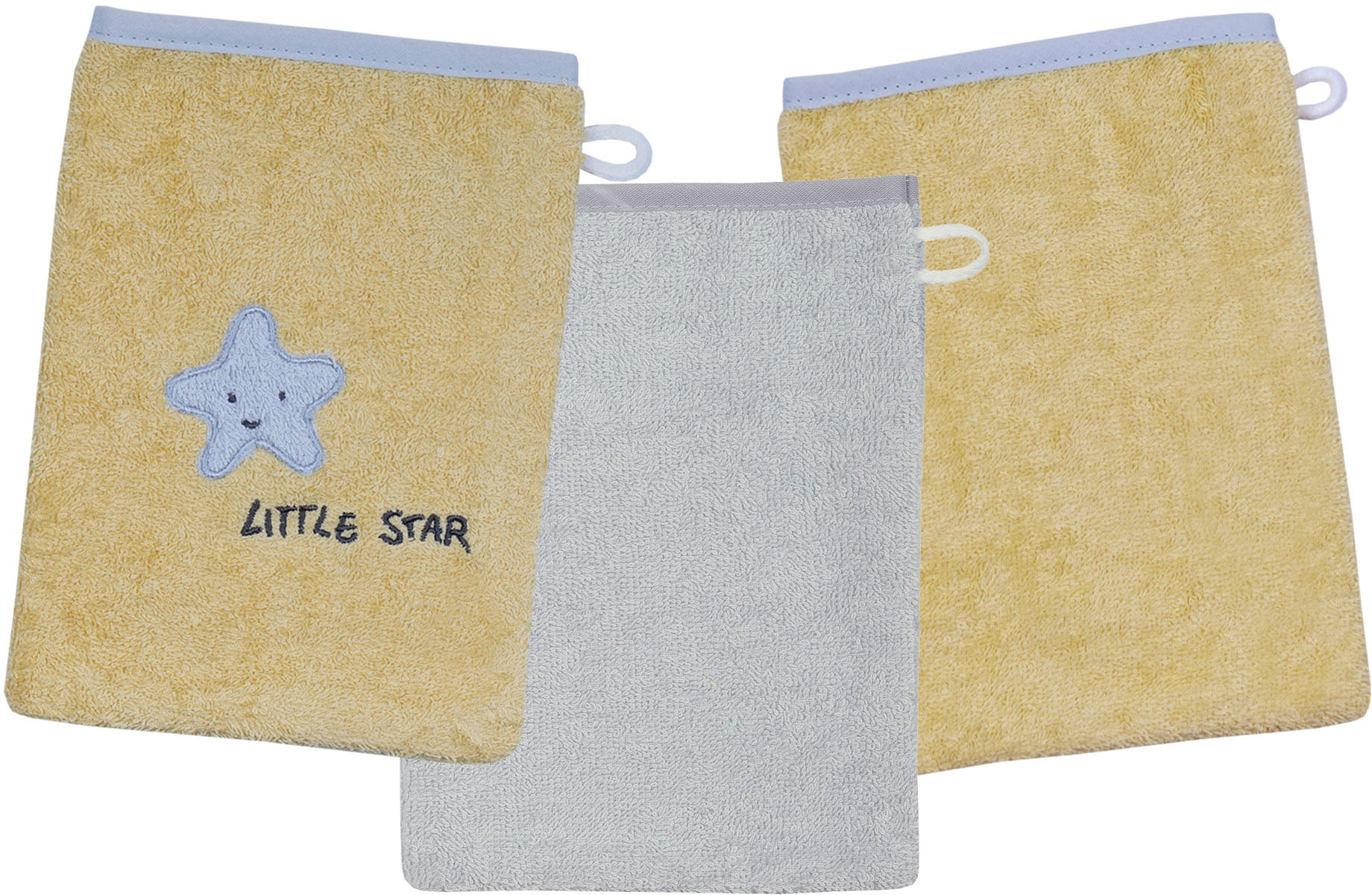 Image of Wörner Waschhandschuh "Little Star Waschhandschuh 3er Set" 1x mit Stickerei Stern mit Schriftzug, 2x unifarben