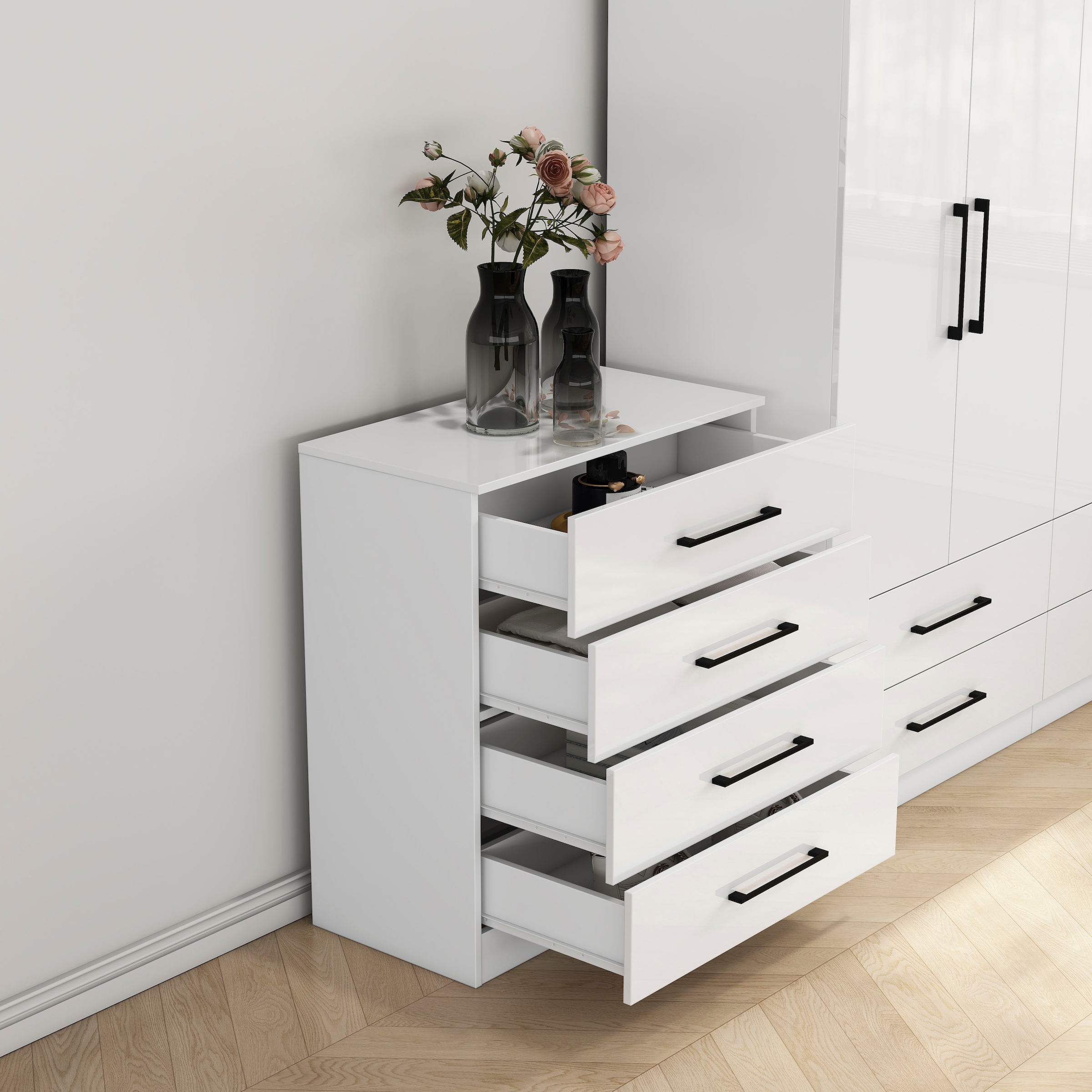 GOODproduct Commode à tiroirs »Sylt Schlafzimmerkommode Kommode Wäscheschrank Bestseller« Viel Stauraum im Schlafzimmer mit hochglänzenden Fronten, 1 cuis tlg. Beistellschrank mit 4 Schubladen