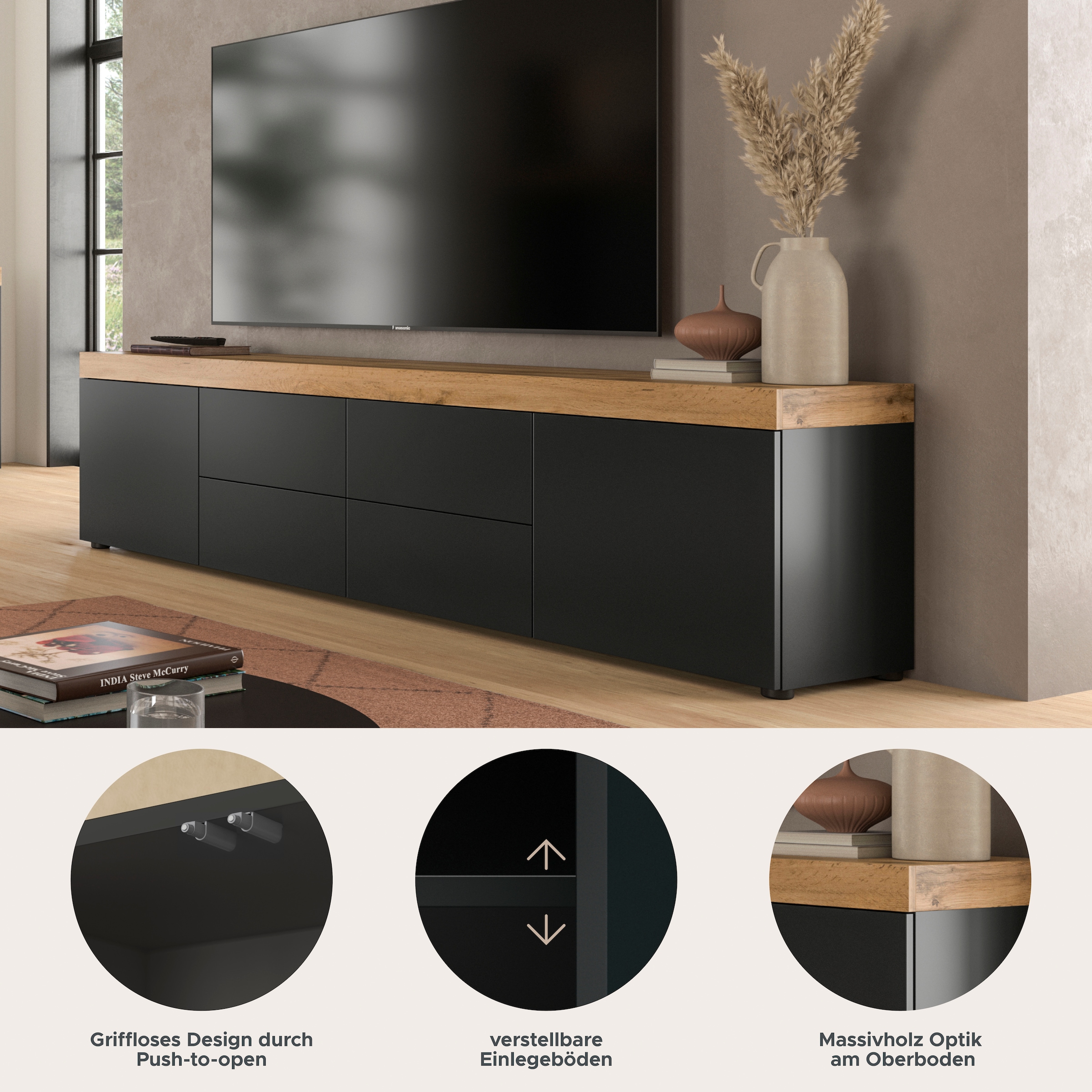 GOODproduct Table basse »MAMBO, TOPSELLER!, Breite 200cm, 2 Türen, 4 Schubkästen, push-2-open« 2 farbige Ausführung, in verschiedenen Farben erhältlich, 1 cuis tlg. Lowboard, TV Unterschrank, Tv-Schrank, Wohnzimmer