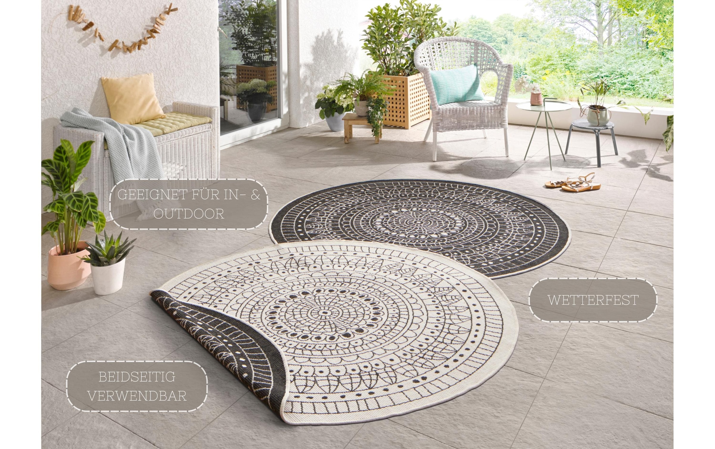 HANSE Home Tapis »Porto Wendeteppich« Rond 5 mm Höhe In-& Outdoor, Wetterfest, Balkon, Garten, Wohnzimmer, Wasserfest