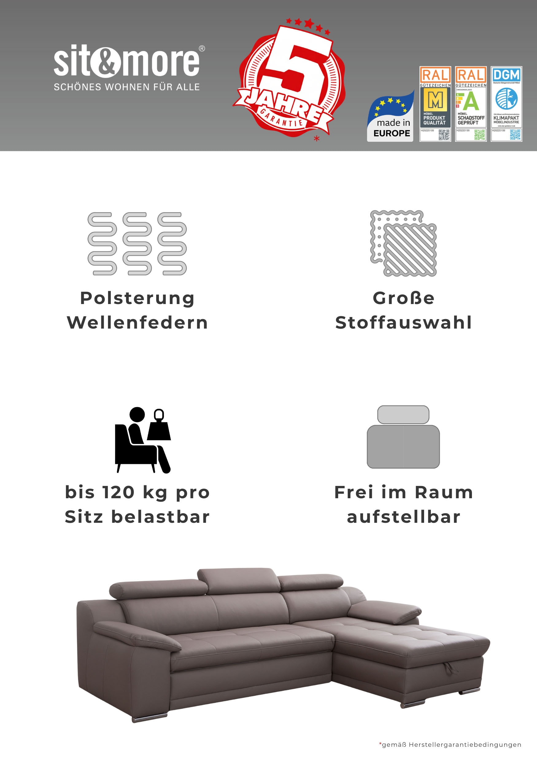 sit&more 3-Sitzer »Andiamo« inklusive Kopfteilverstellung