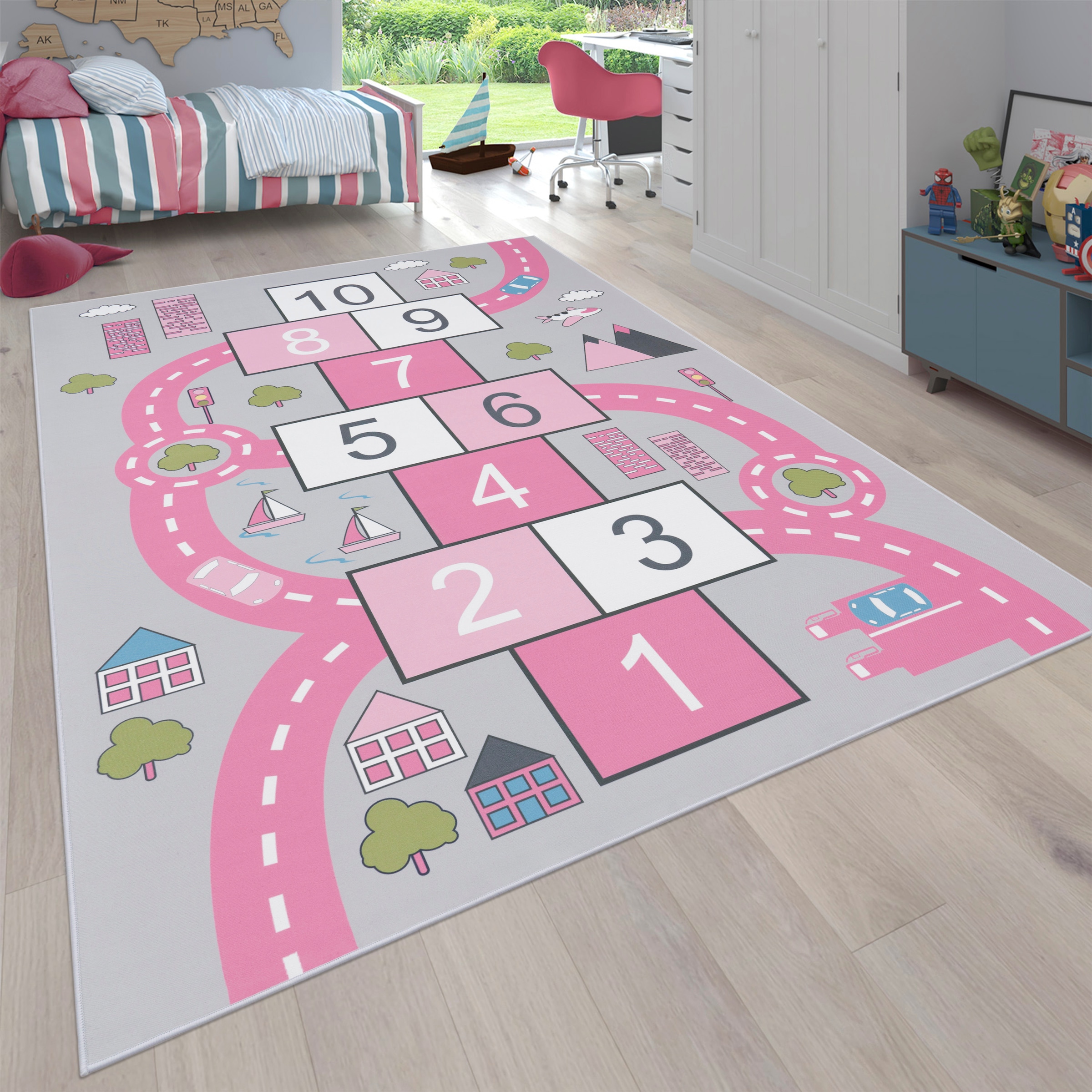 Image of Paco Home Kinderteppich "Bino 569" rechteckig 4 mm Höhe Kurzflor, Strassen-Spiel-Teppich & Motiv Hüpfkästchen "Himmel & Hölle"