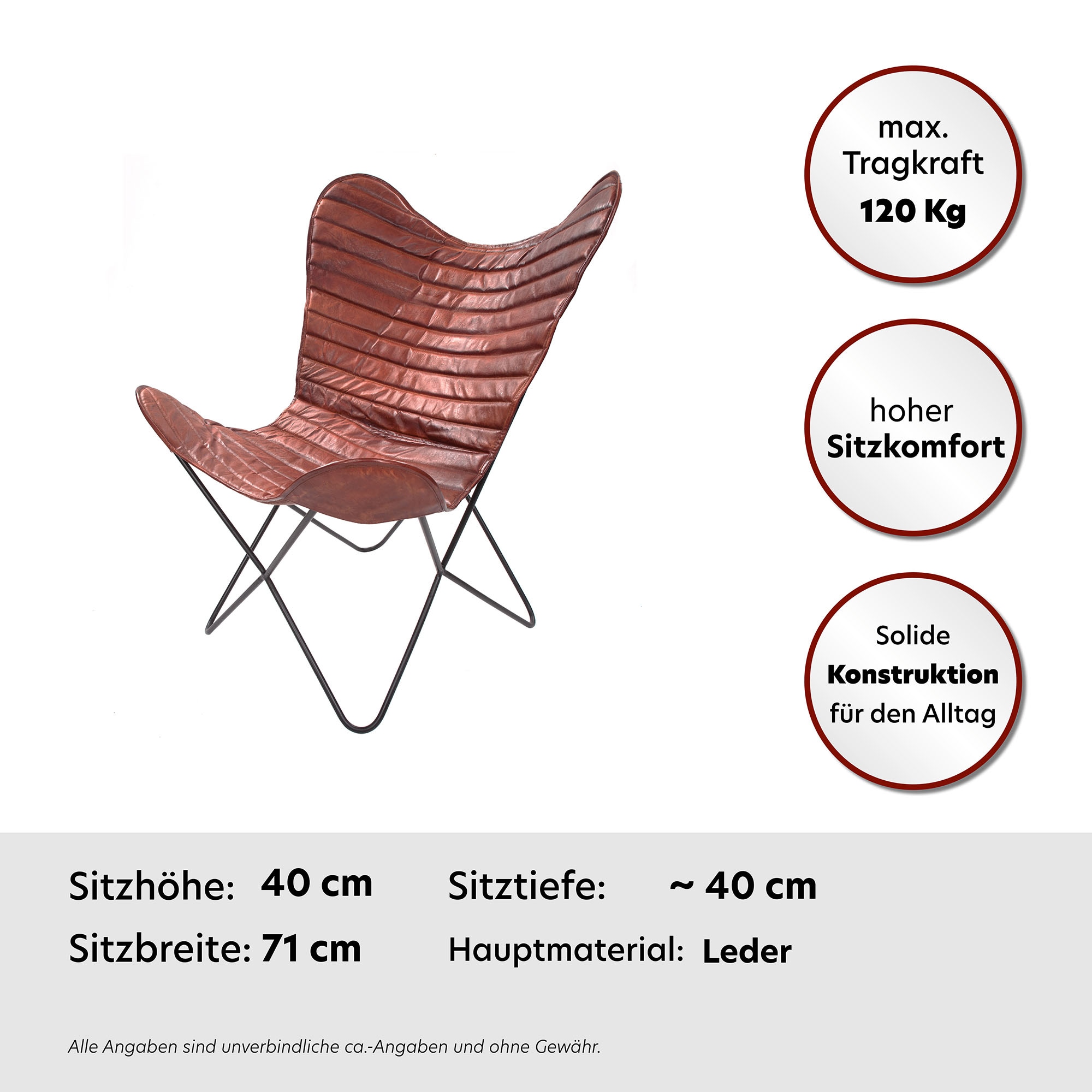 Kayoom 4-Fussstuhl »Schmetterling Stuhl Santiago, Schmetterlingsstuhl aus Leder«, 1 St., pflegeleicht, hochwertig, hochwertig verarbeitet, hoher Sitzkomfort