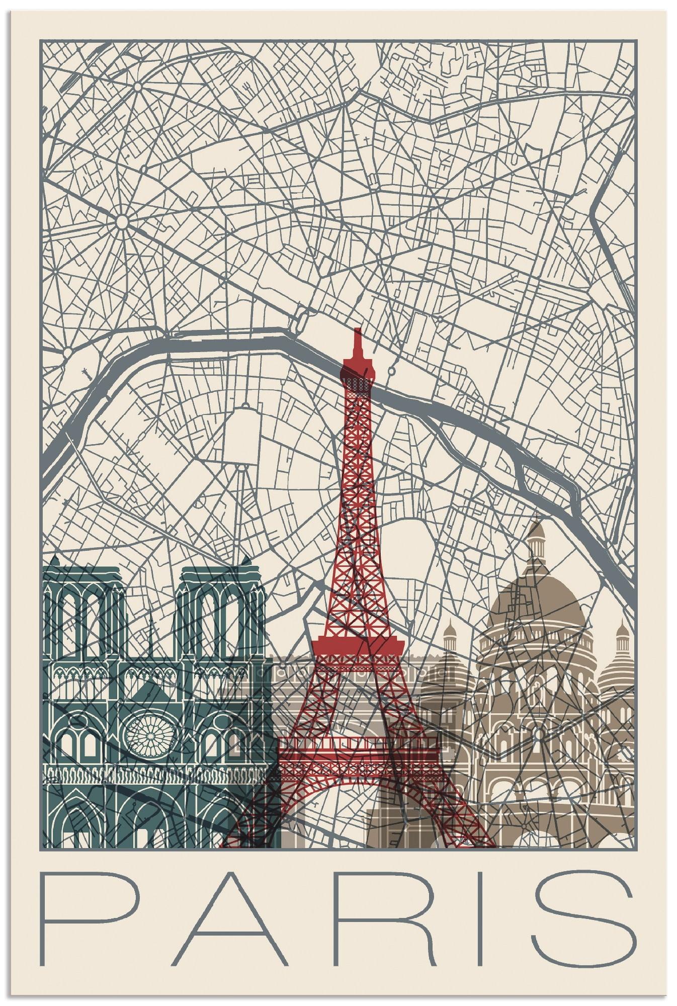 Image of Artland Wandbild "Retro Karte Paris Frankreich und Skyline" Frankreich 1 Stk. tlg. als Alubild, Poster in verschied. Grössen