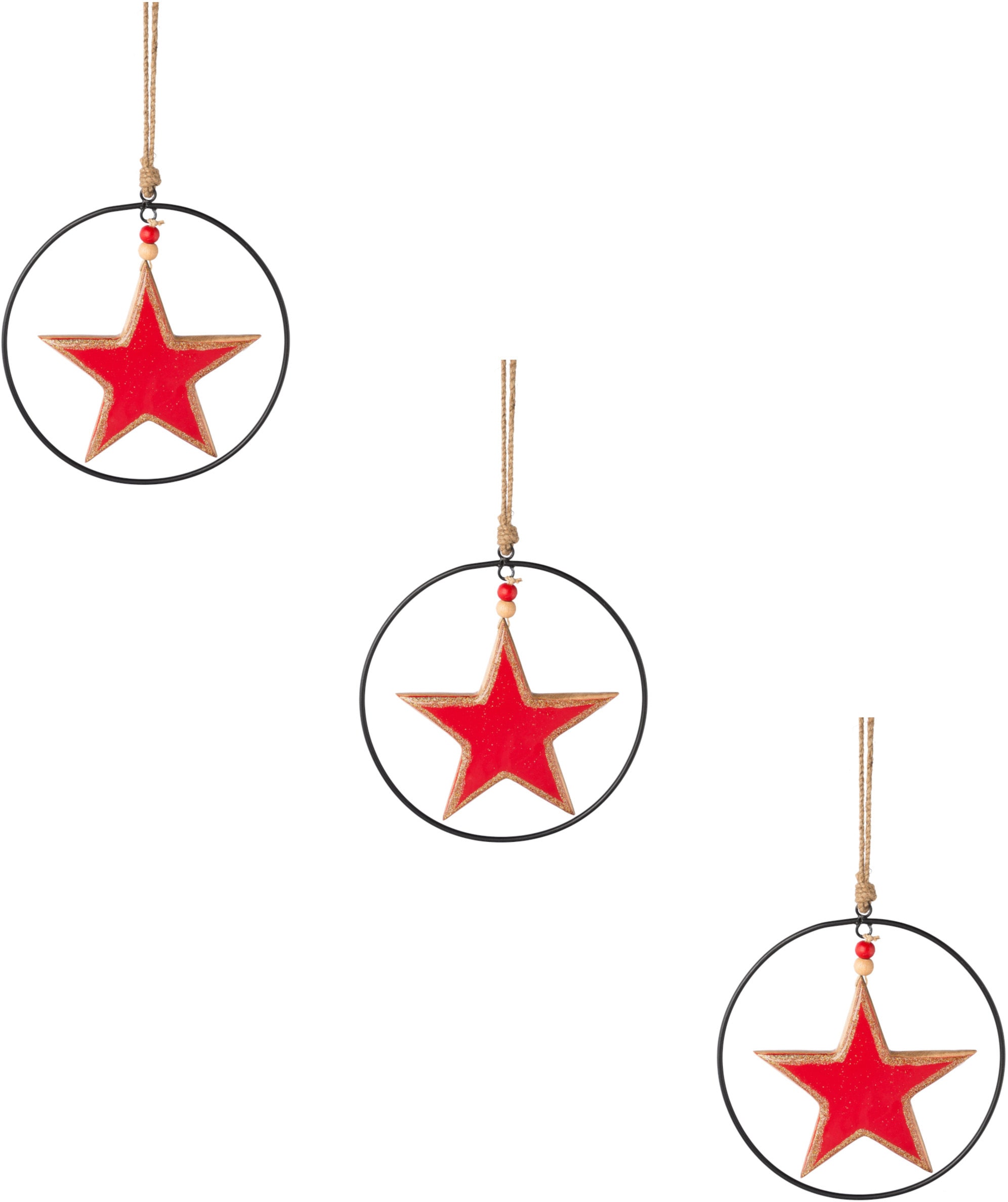 Creativ deco Dekostern »Weihnachtsstern, Weihnachtsdeko rot«, (3 St.), mit Enamel-Lackierung und Metallring, Durchmesser Stern 15 cm