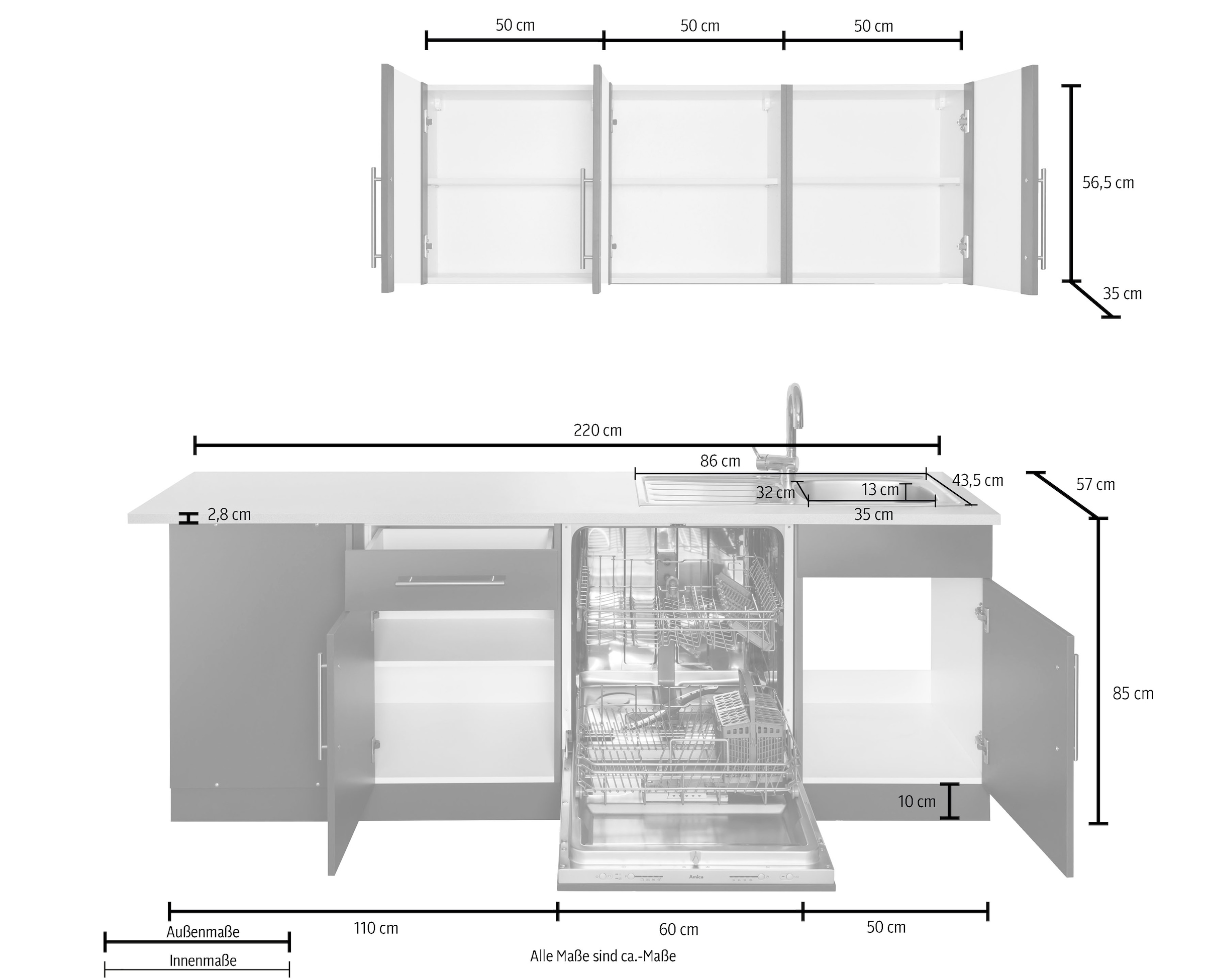 wiho Küchen Winkelküche »Cali«, ohne E-Geräte, Stellbreite 210 x 220 cm