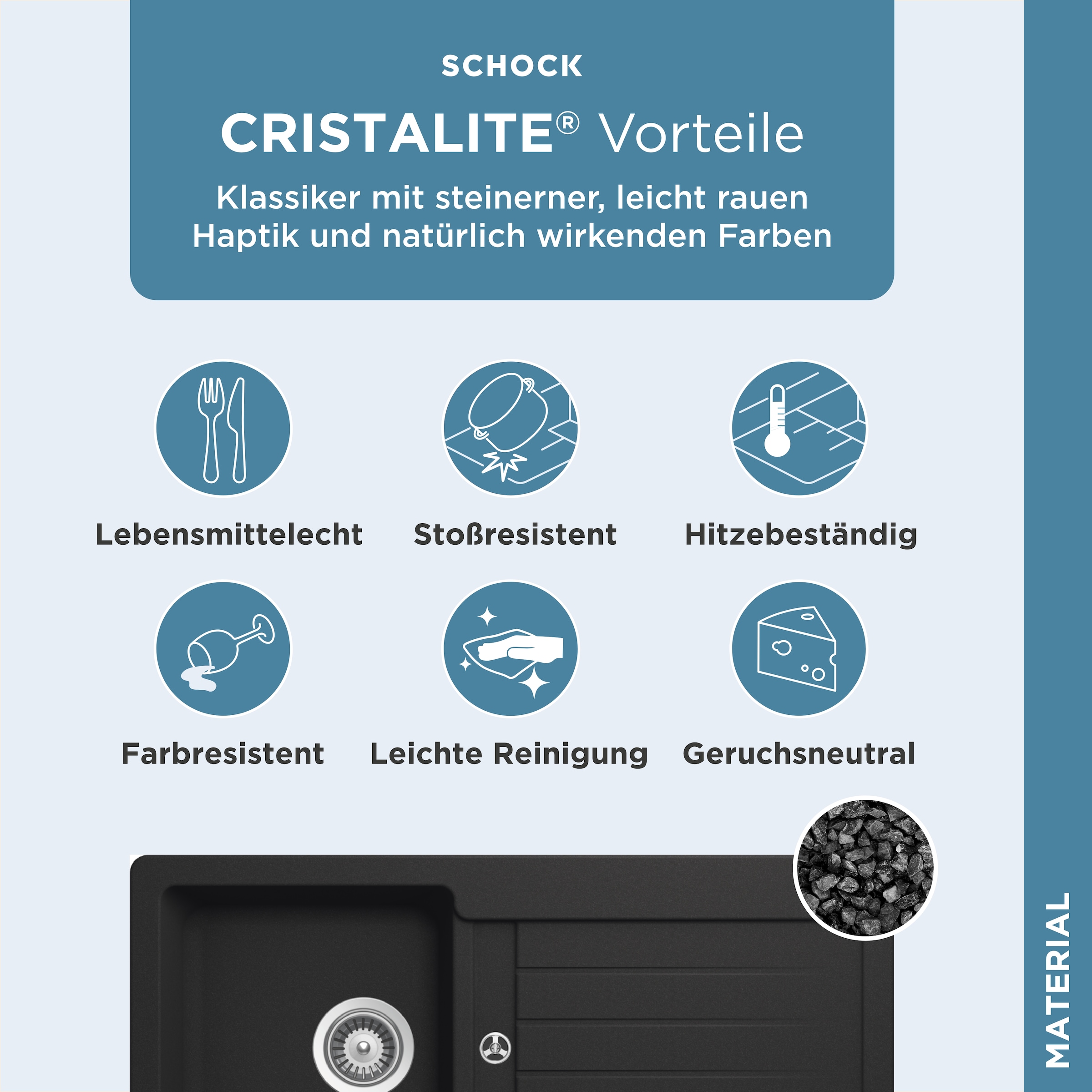 Schock Évier en granit »Typos D-100 S« mit Ablauf und Abtropffläche, links und rechts einbaubar