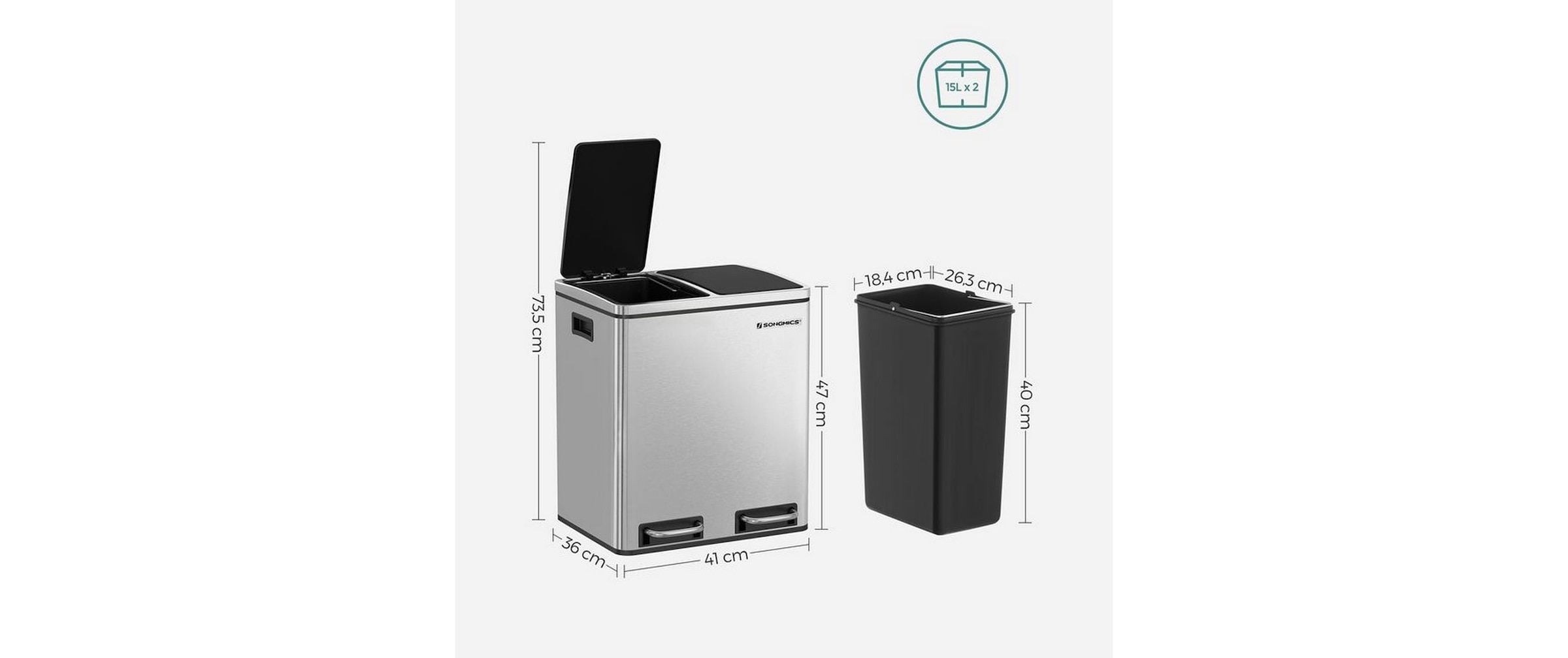 SONGMICS Mülleimer »30 l«, 2 Behälter
