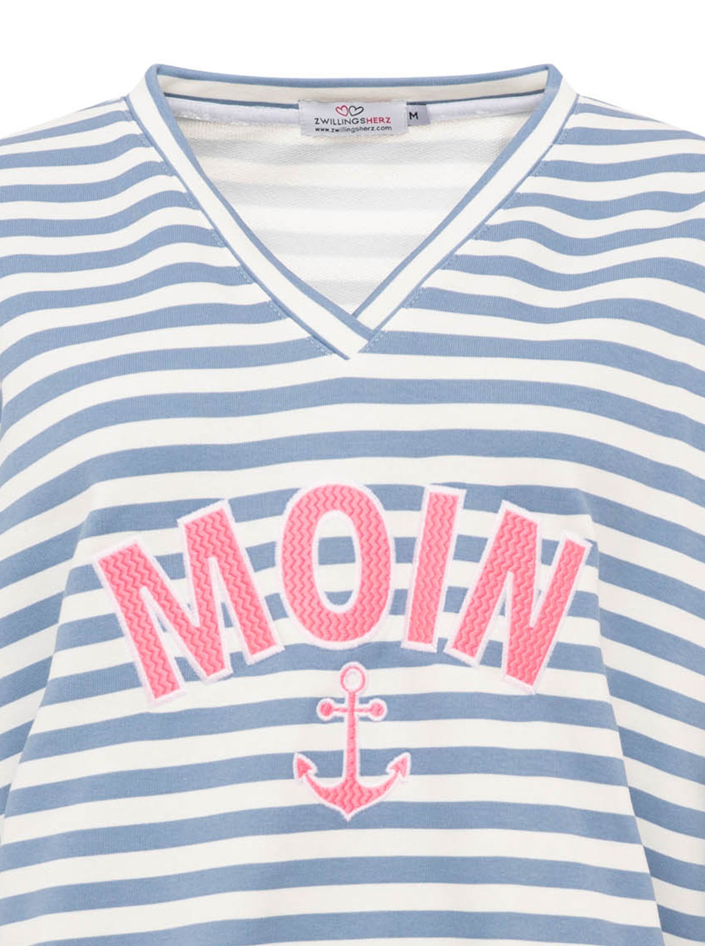 Zwillingsherz Hoodie »"Streifen Moin"«, V-Neck, gestreift, Stickerei mit Anker, gestreifte Bündchen
