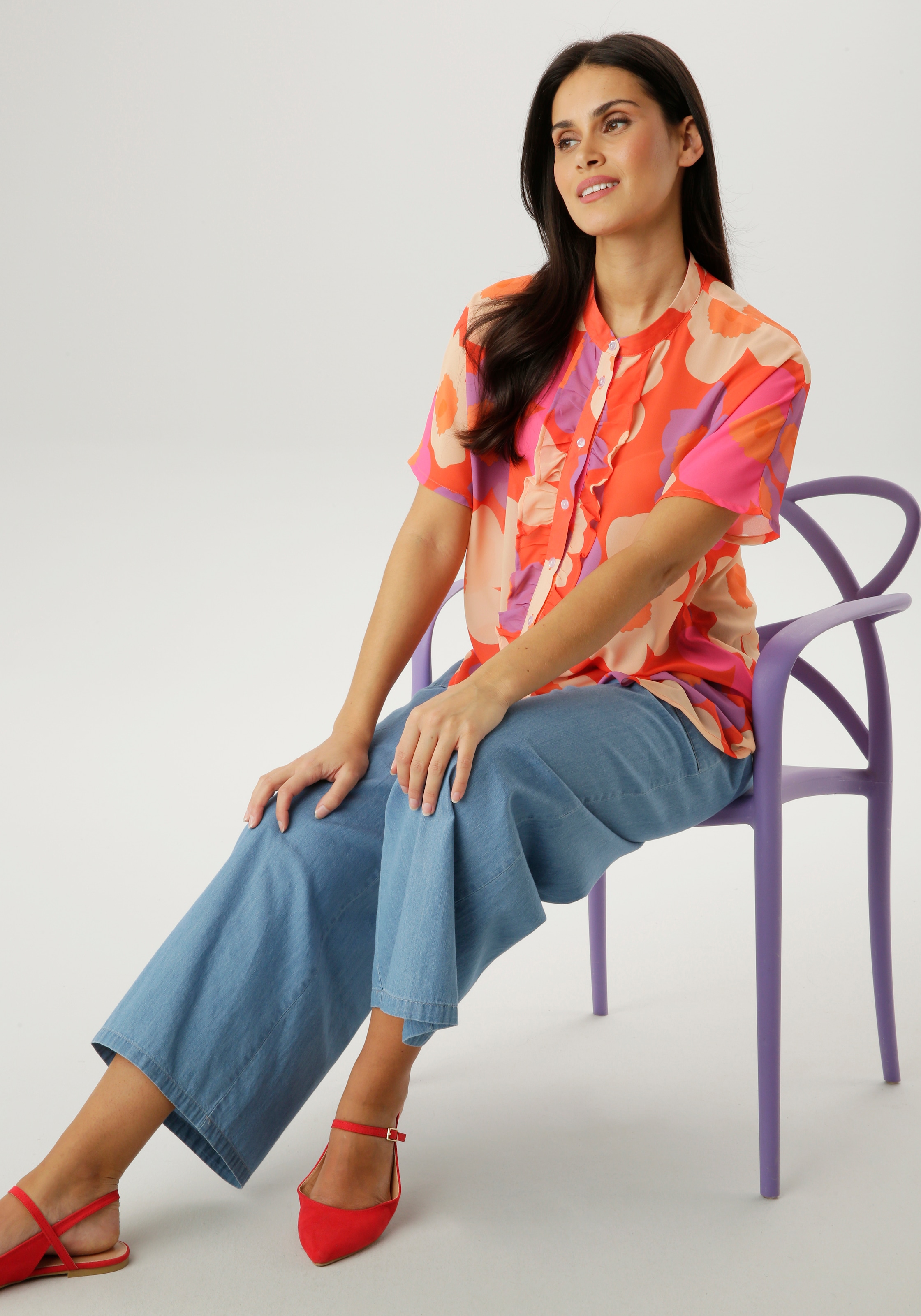 Aniston SELECTED Blouse en mousseline kleiner Stehkragen und längs verlaufende Volants - NEUE KOLLEKTION