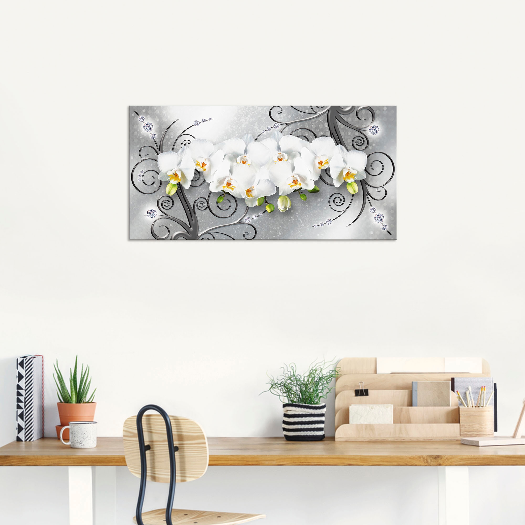 Artland Wandbild »weisse Orchideen auf Ornamenten«, Blumenbilder, (1 St.), als Alubild, Outdoorbild, Leinwandbild, Poster, Wandaufkleber
