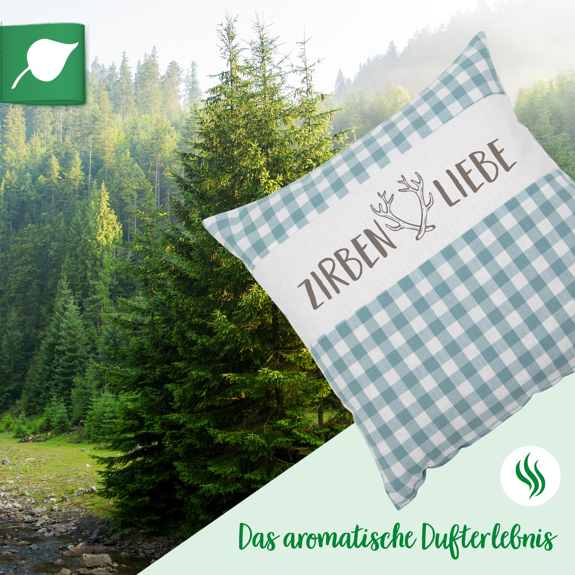 herbalind Duftkissen »als Geschenk 30x30 in mint Dekokissen Zirbenliebe mit Reissverschluss«, (1 St.), 100% Zirbenholzflocken und Baumwolle Handmade in Germany