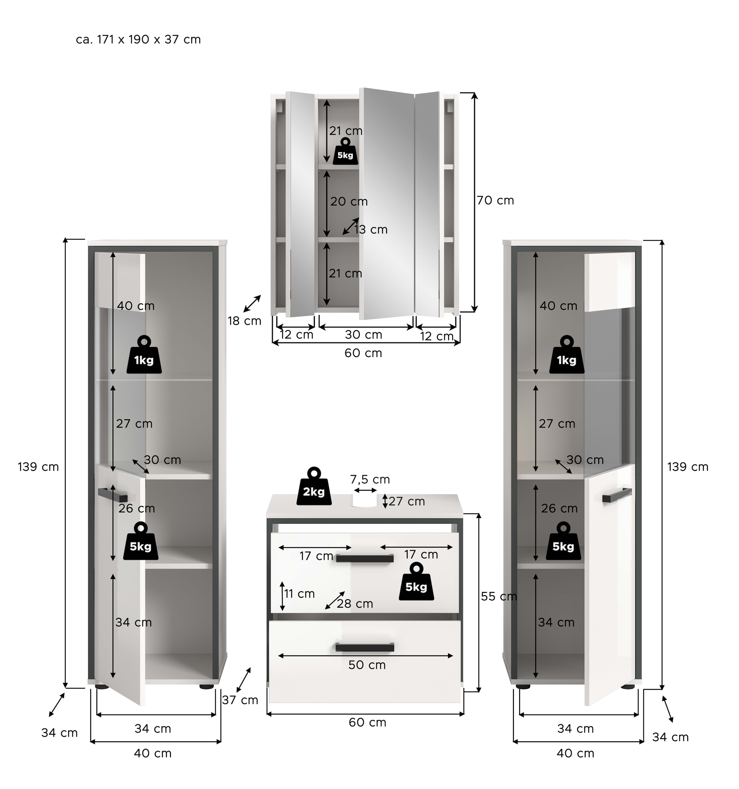welltime Ensemble de meubles de salle de bain »KAJO, 4-tlg. Badkombination, weiss hochglanz« Set, Set, best. aus:2 Midischränken, 1 WBU, 1 Spiegelschrank, 4 cuis tlg.