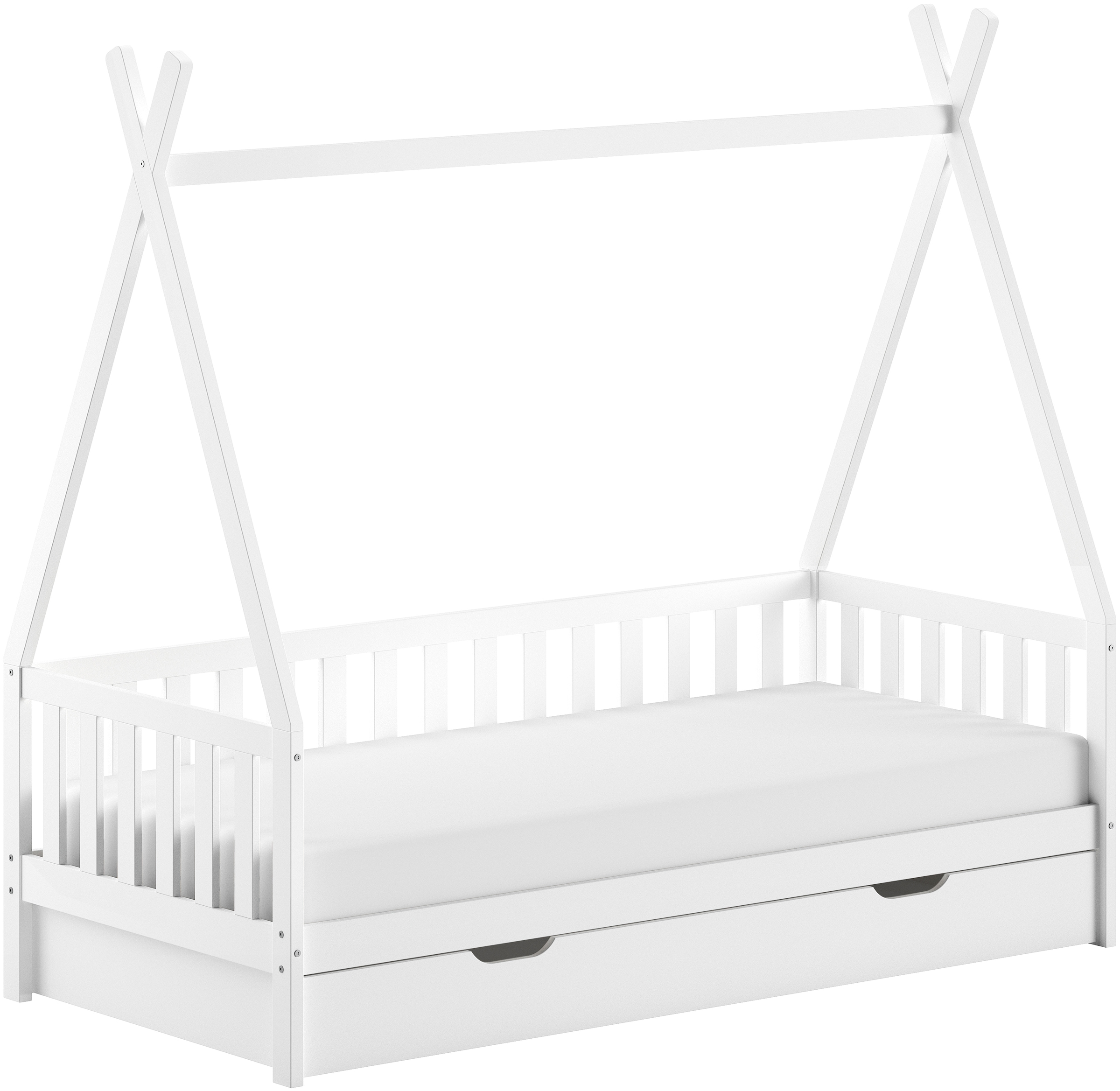 Image of Vipack Massivholzbett "mit Tipi Dach, seitlich und hinten mit Sprossenumrandung" Liegefläche 90/200 cm mit Rollattenrost und Bettschublade auf Rollen, Korpus aus massiver Kiefer, weiss lackiert