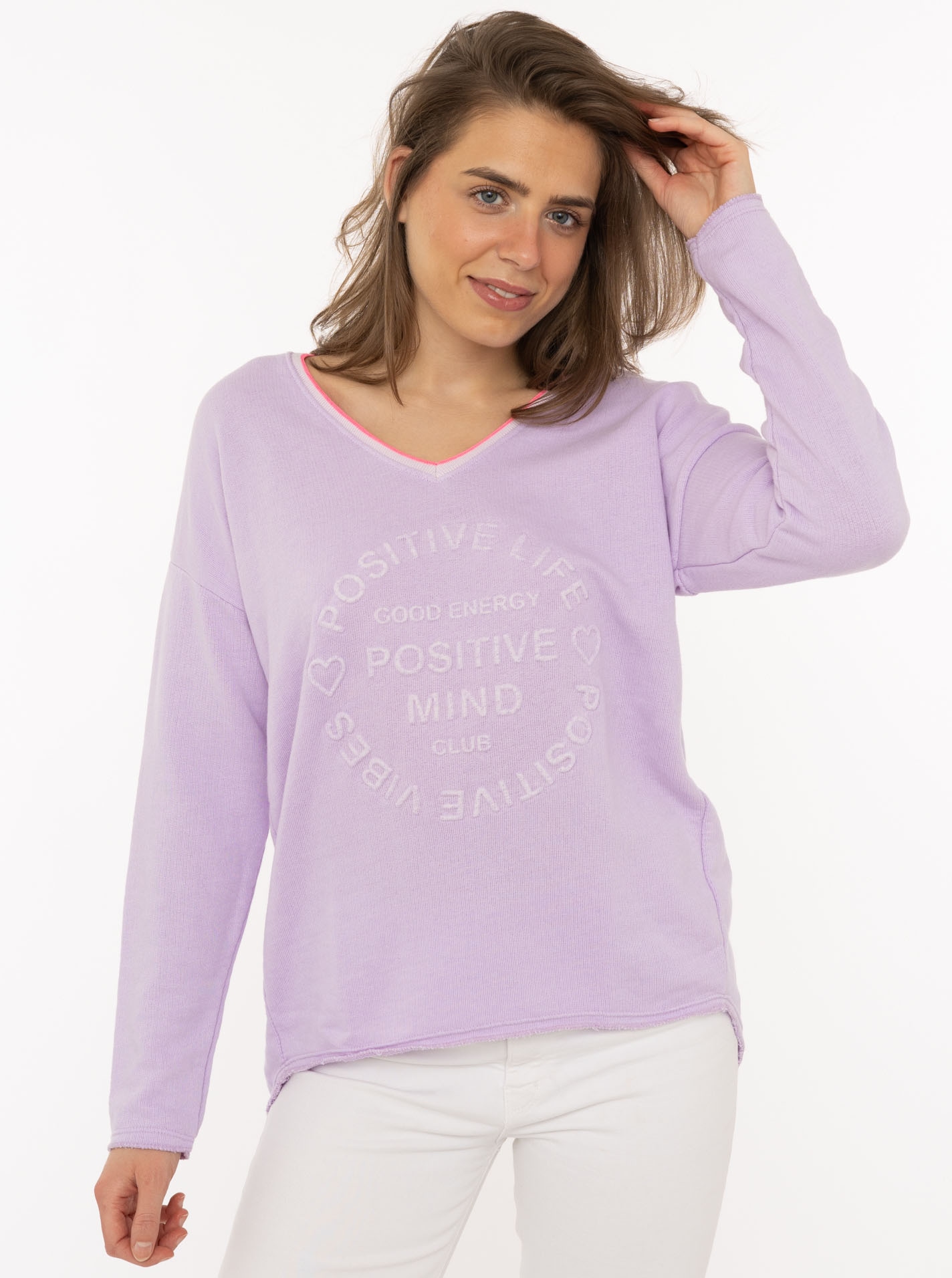 Image of Zwillingsherz Sweatshirt "„Positive Mind Neon Kante”", mit Kontrastnaht, V-Neck, washed out Optik, langarm