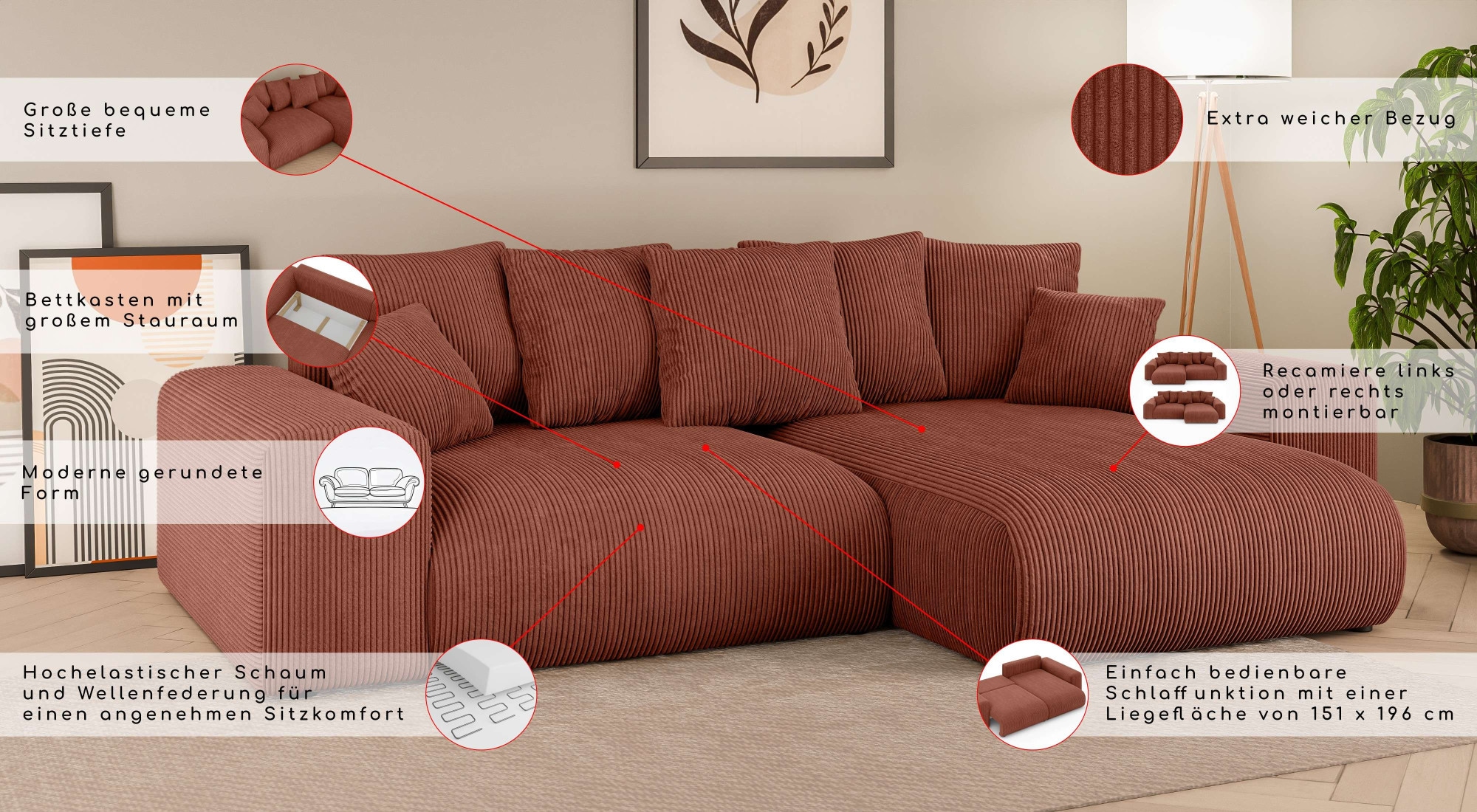 Home affaire Ecksofa »LAKESIDE mit Bettfunktion und Bettkasten, B/T/H 257/166/84 cm«, L-Form, Recamiere beidseitig montierbar, Wellenunterfederung