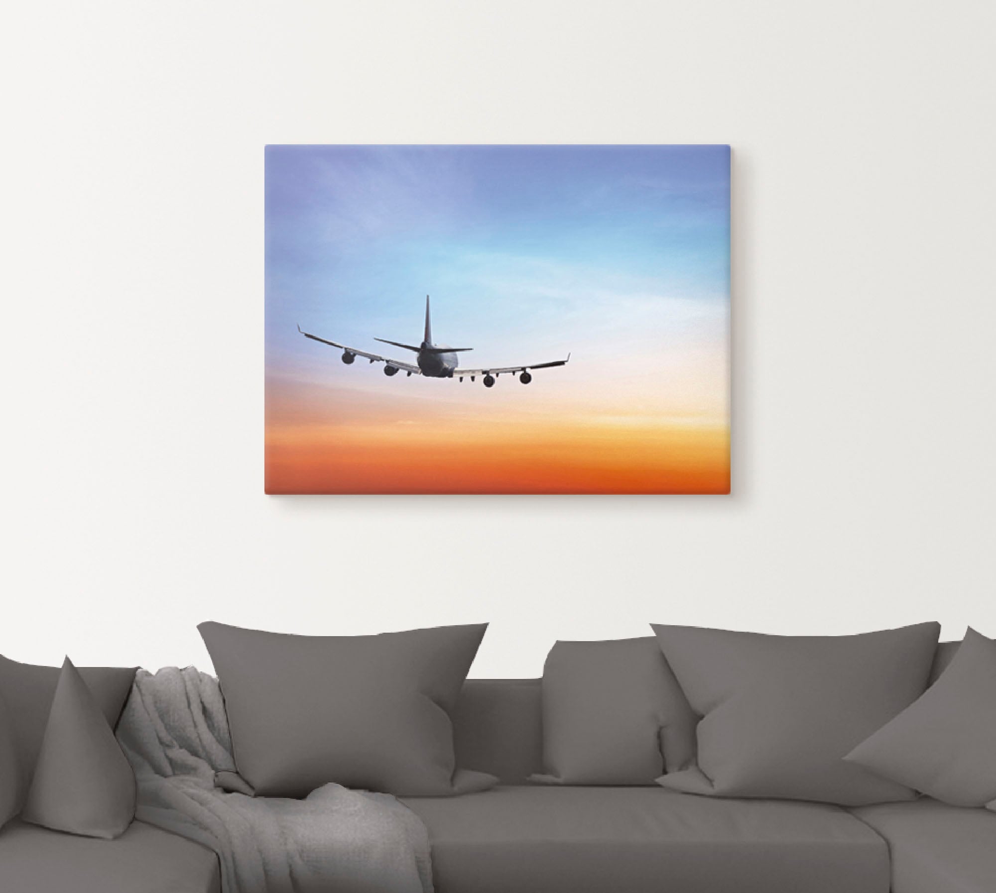 Artland Wandbild »Flugzeug vor orange/blauem Abendhimmel«, Flugzeuge & Helikopter, (1 St.), als Leinwandbild, Wandaufkleber in verschied. Grössen