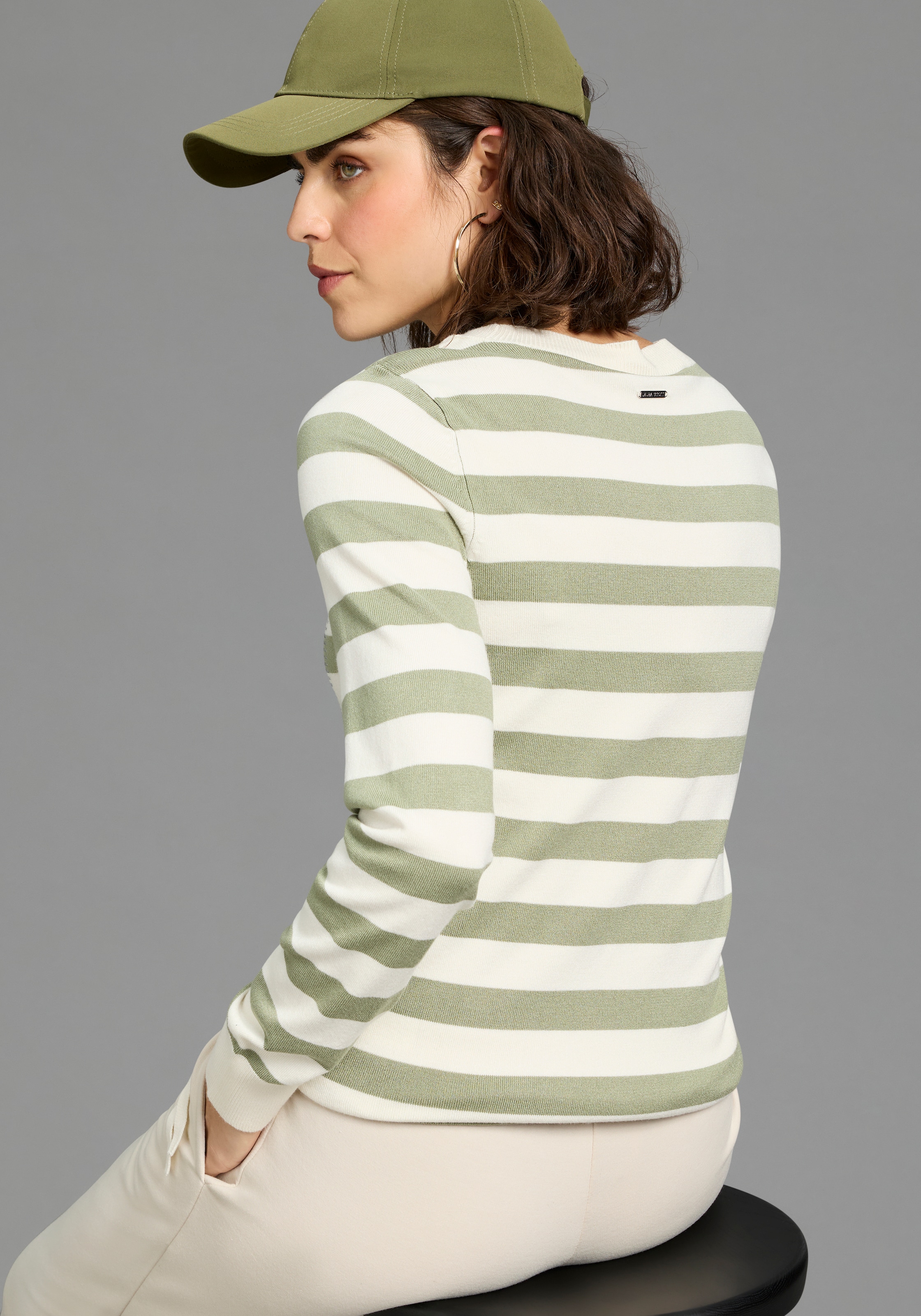 Laura Scott Pull à rayures leichter Übergangspullover mit Glitzerschrift und Bindeband