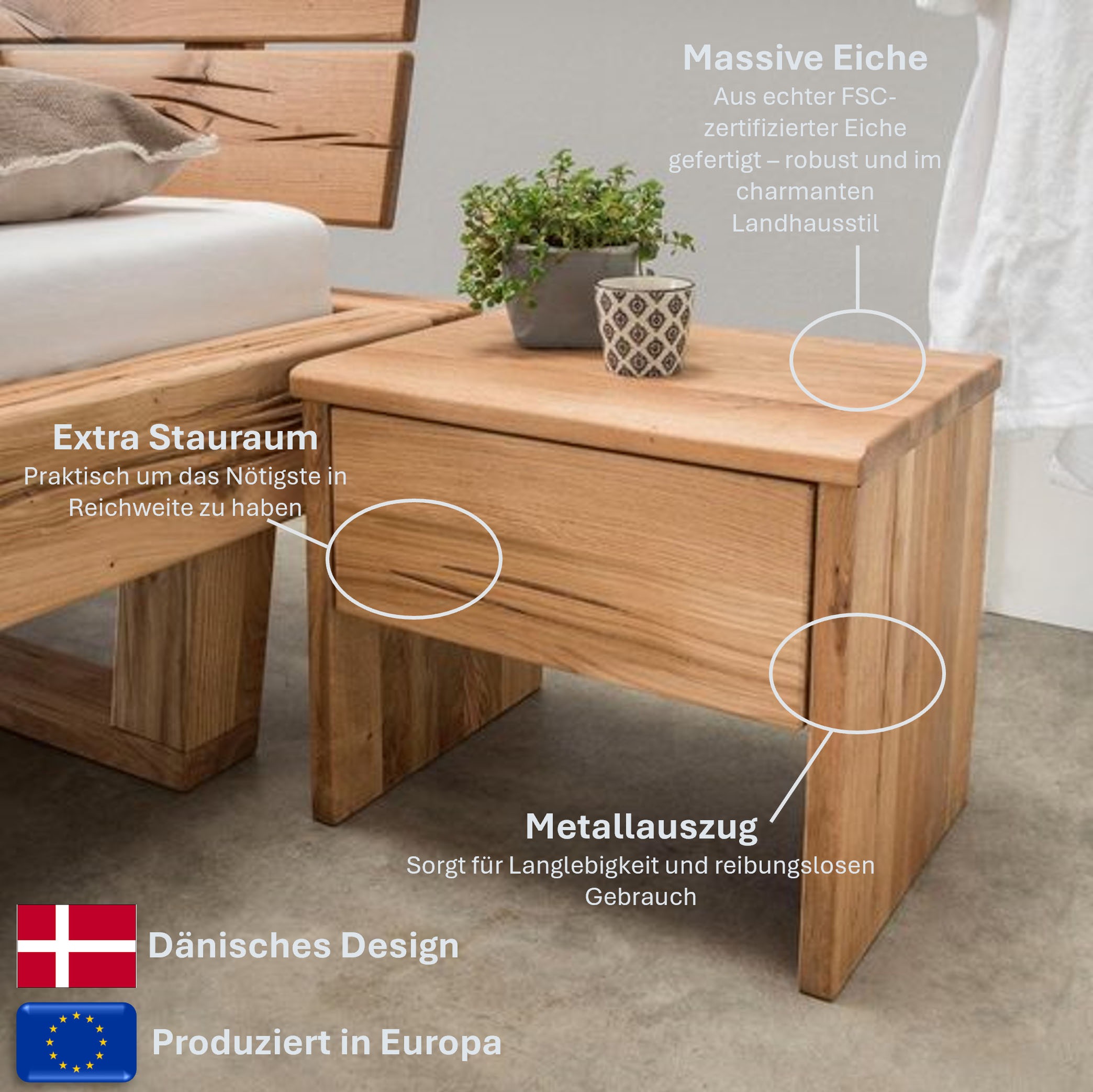 Image of Home affaire Nachtkonsole "Ultima Balkenbett Doppelbett, Füsse mit Kufenform" Massivholz, Skandinavisches Design, Robust, stabil, FSC zertifiziert