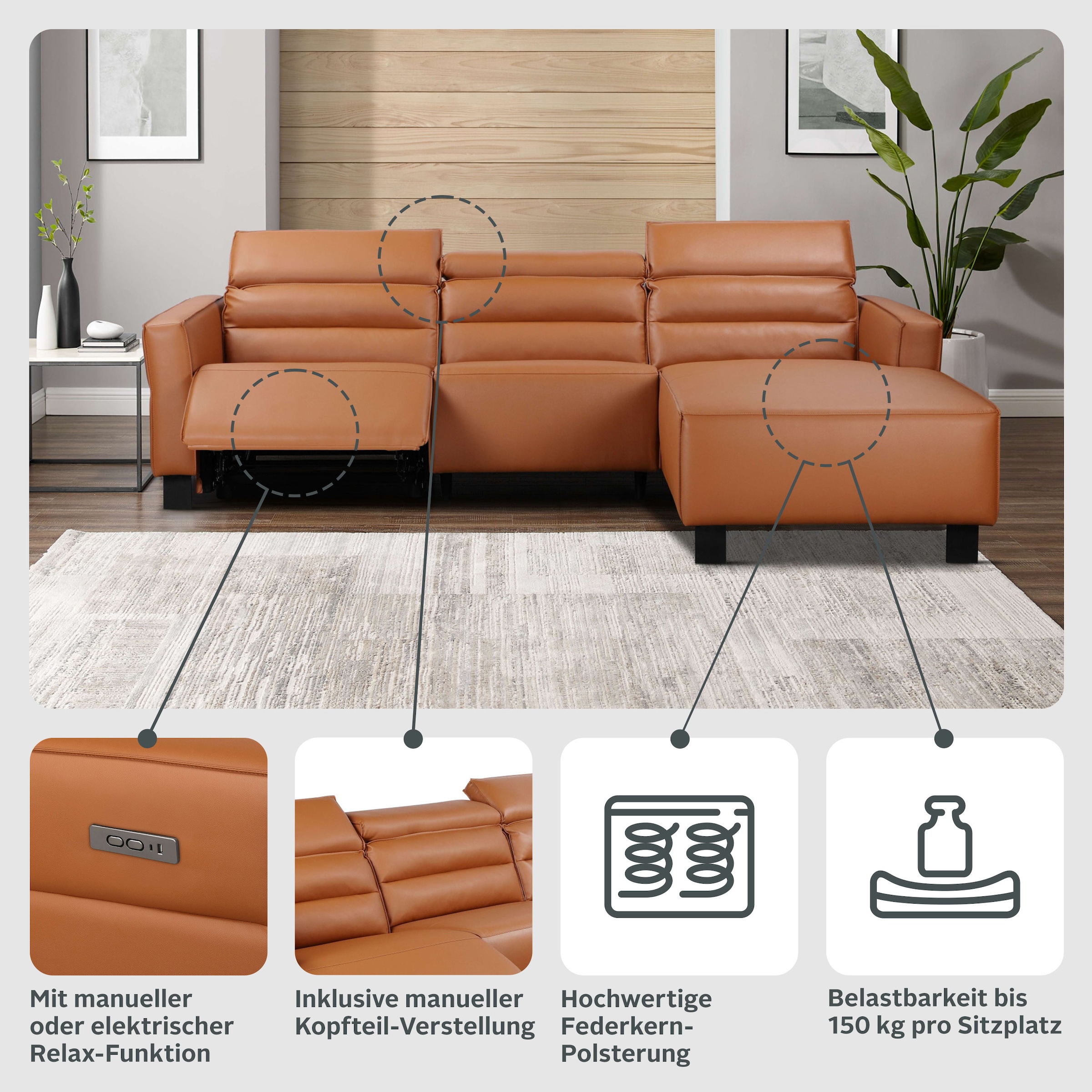 Home affaire Ecksofa »Carpari, L-Form, 263 cm, manuelle o. elektrische Relaxfunktion,« USB A/C und Kopfteilverstellung