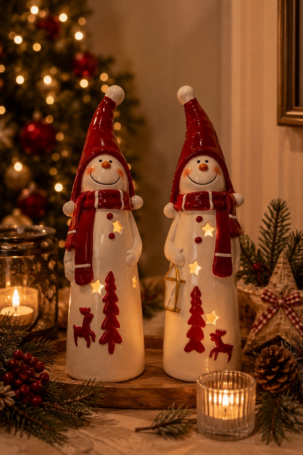 GOODproduct Teelichthalter »Deko Weihnachten Eeske, aus Porzellan detailreich bemalt« Schneemänner klassisch rot-weiss, jeweils ca.31cm hoch